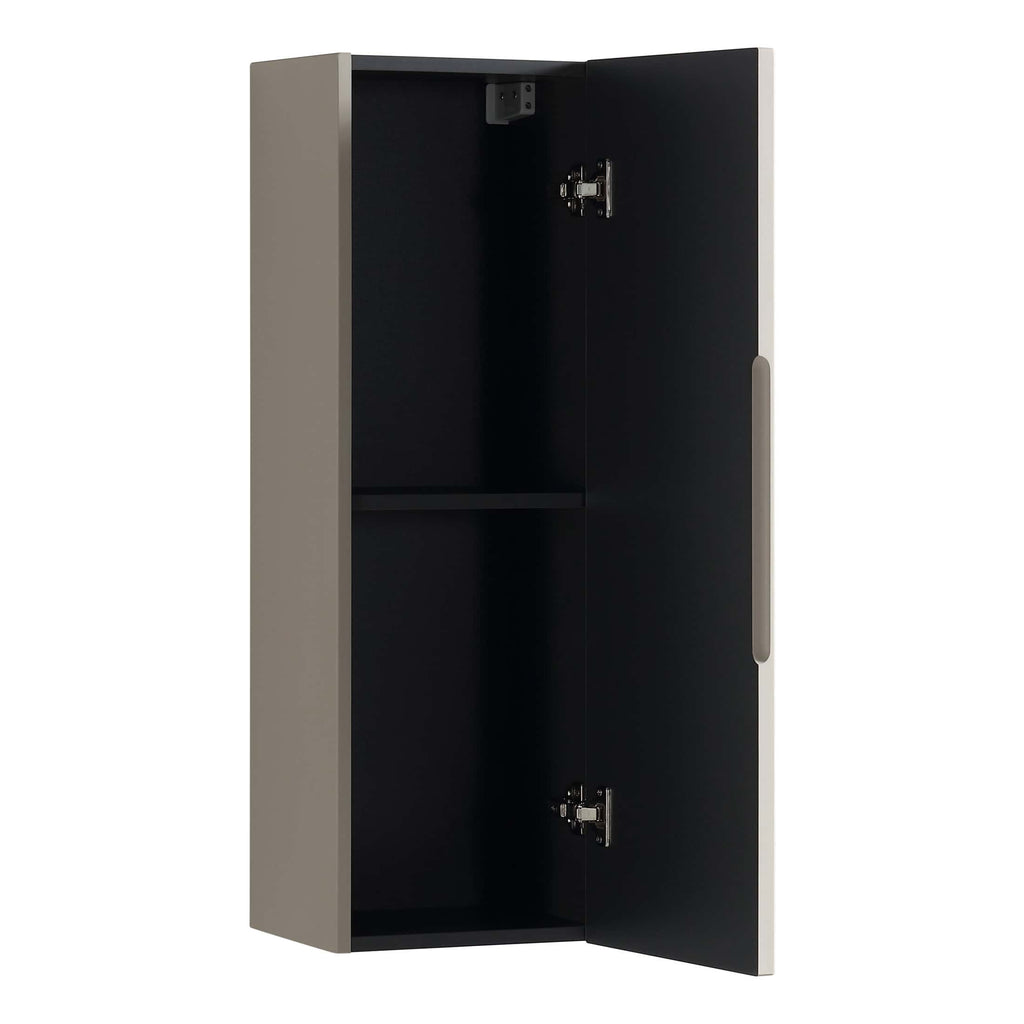 Modern grey and black bathroom wall storage cabinet with internal shelves and soft-close hinges. Ideal for organising toiletries and bathroom essentials in contemporary bathrooms.