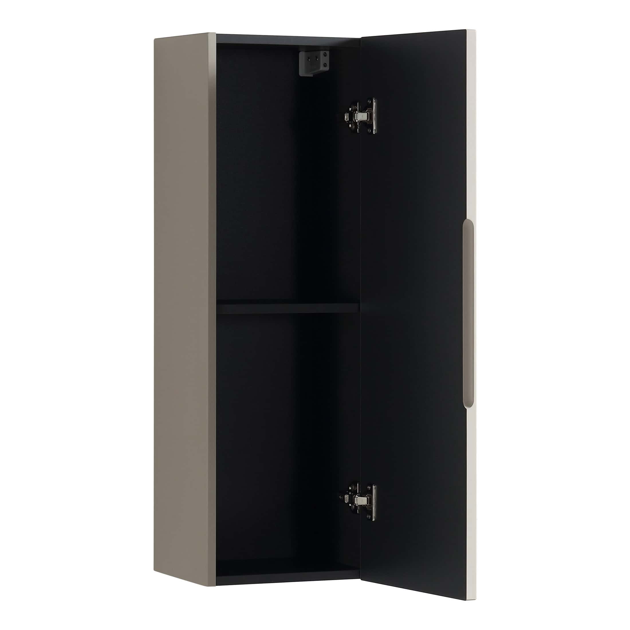 Modern grey and black bathroom wall storage cabinet with internal shelves and soft-close hinges. Ideal for organising toiletries and bathroom essentials in contemporary bathrooms.