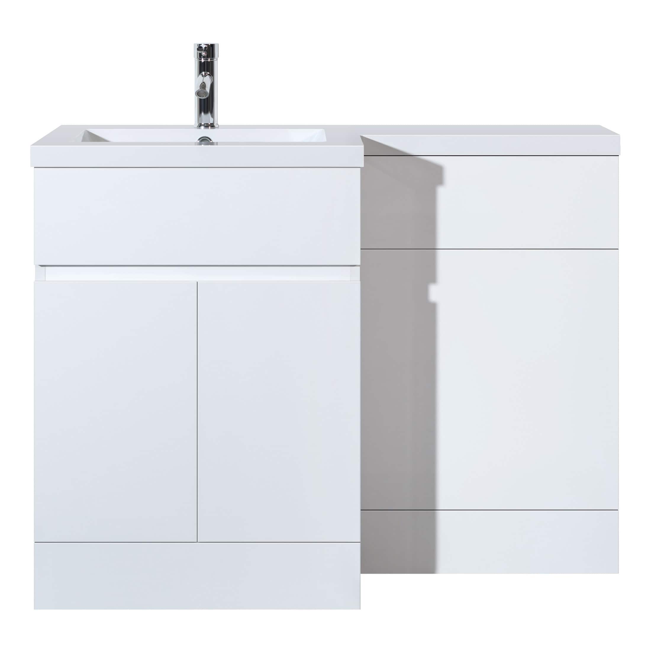 Sleek white bathroom vanity unit with integrated sink and modern storage drawers, ideal for contemporary bathroom designs. Perfect for optimise space and style in your bathroom.