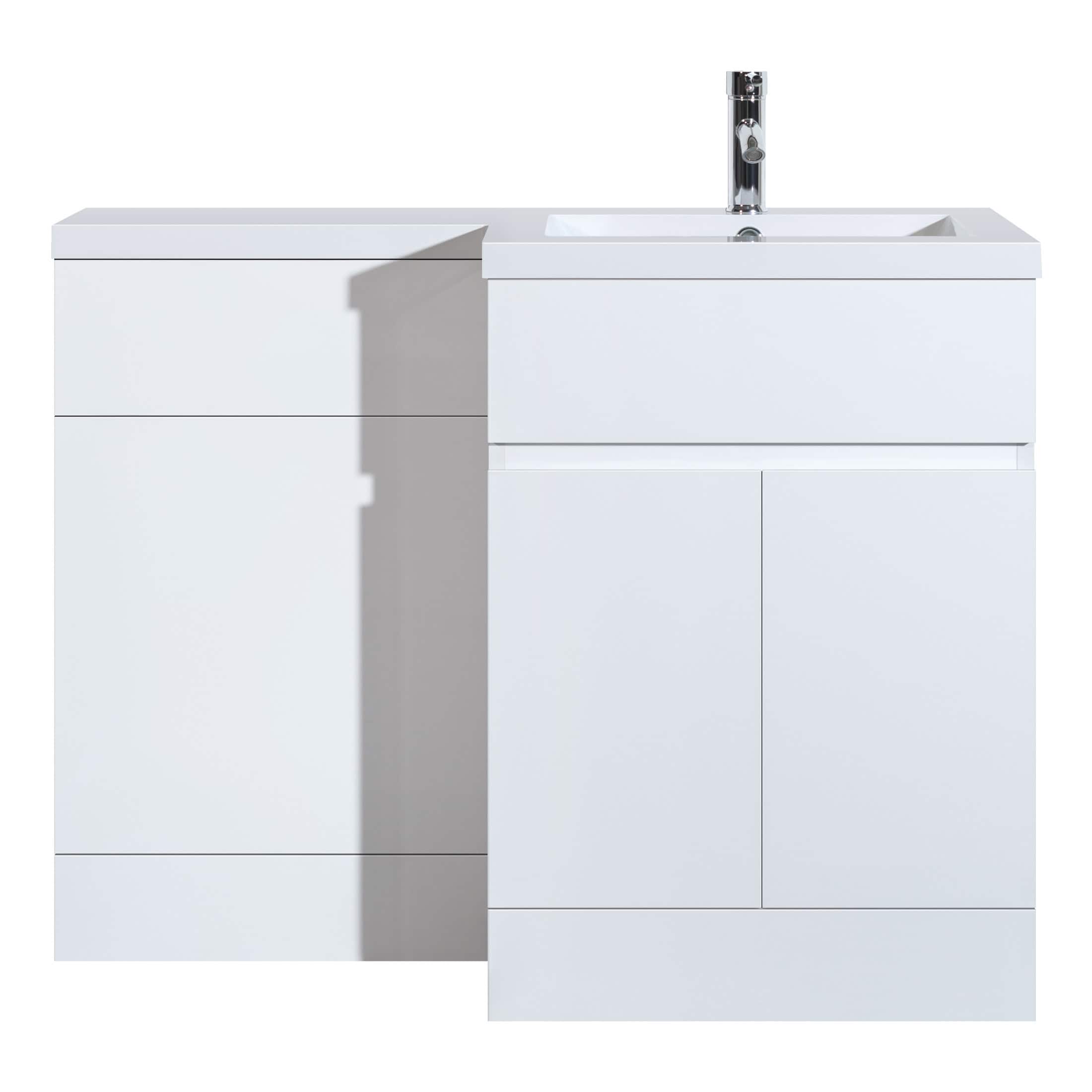 Modern white bathroom vanity unit with integrated sink and sleek storage drawers, ideal for contemporary bathroom designs and optimal space utilisation.