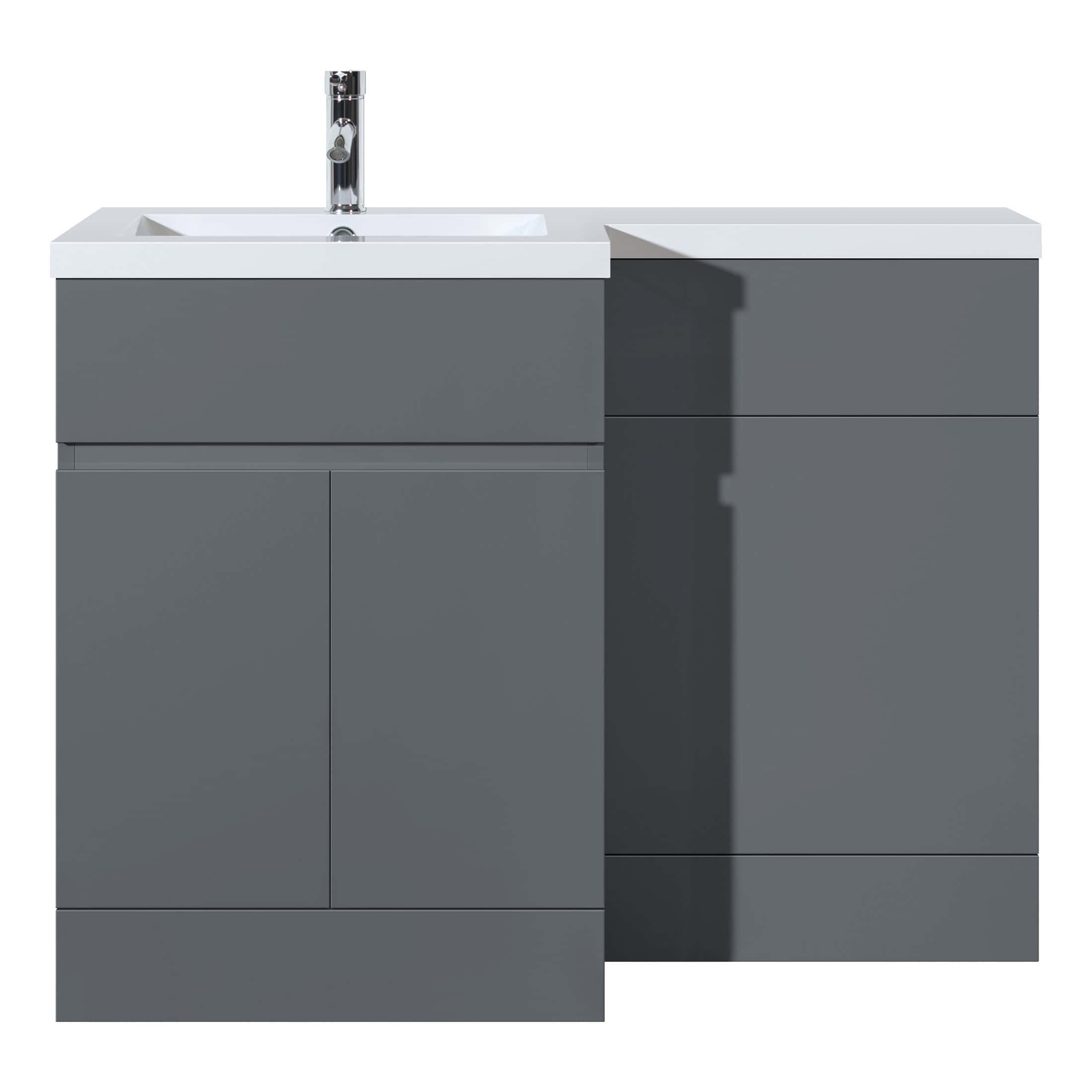 Modern grey bathroom vanity unit with integrated sink and sleek storage drawers, designed for contemporary bathrooms. Perfect for organising bathroom essentials while adding a stylish, minimalist touch.