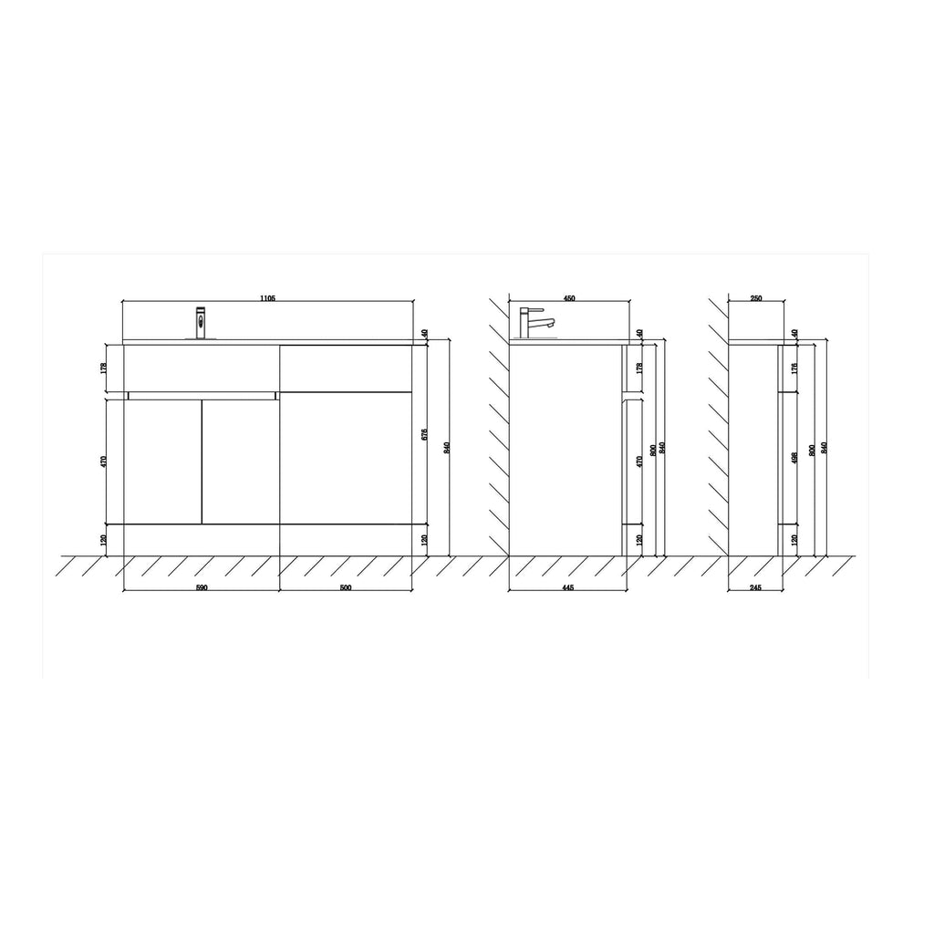 High-quality bathroom vanity unit with integrated sink, modern design, detailed dimensions – ideal for contemporary bathroom renovations and bespoke plumbing setups.