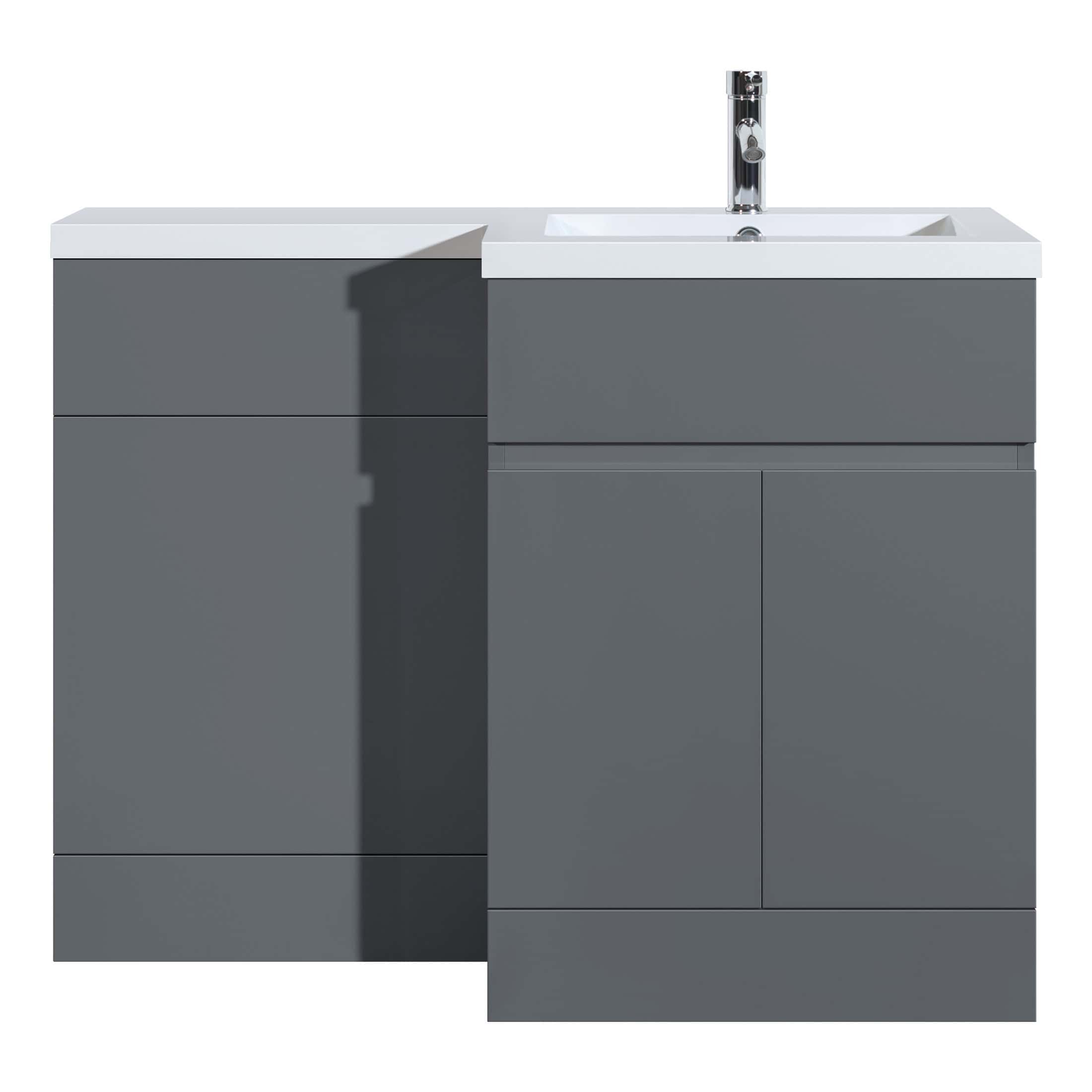 Modern grey bathroom vanity with integrated sink and chrome faucet, ideal for contemporary bathroom design, providing storage and sleek aesthetics.