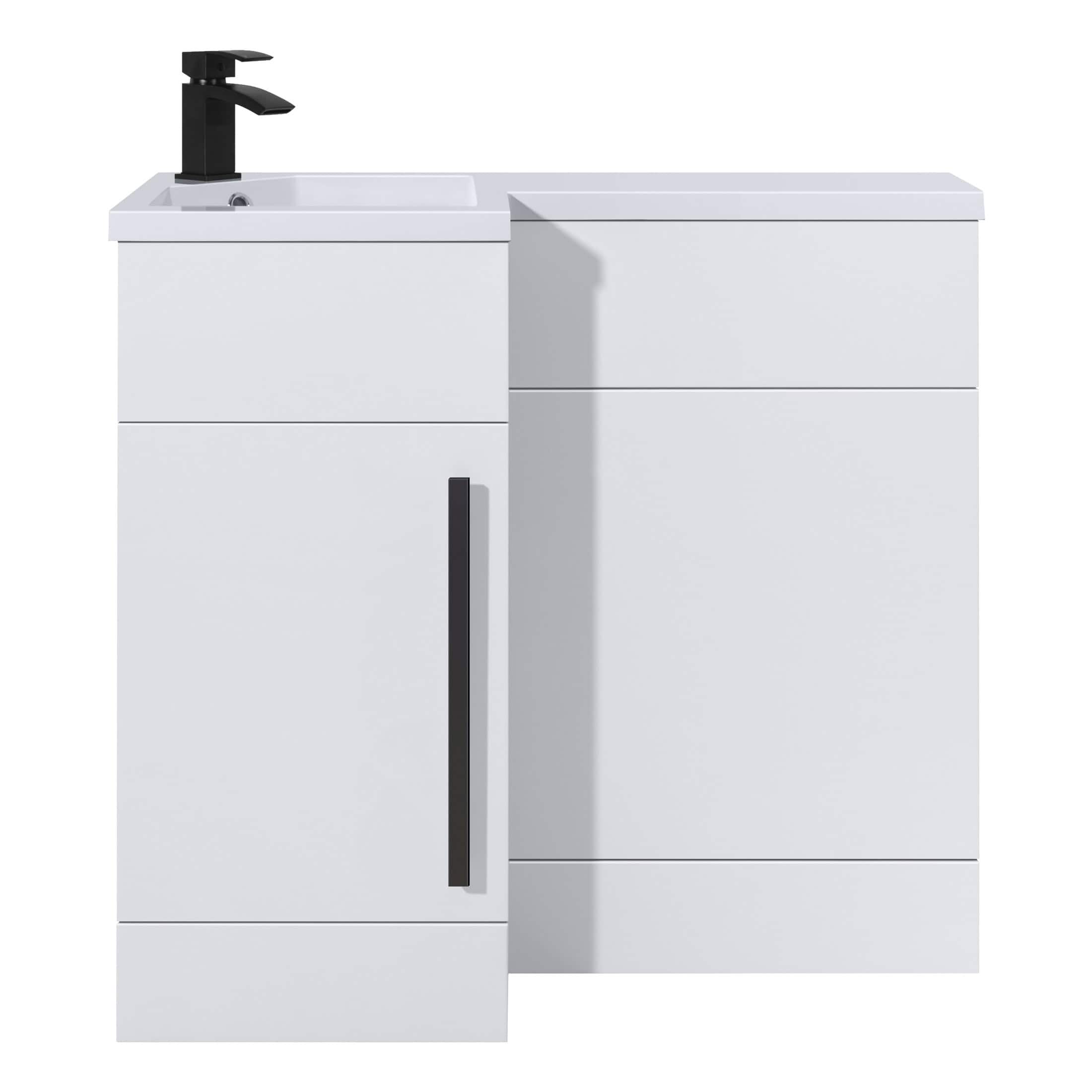 Modern white bathroom vanity with integrated sink and sleek black faucet, ideal for contemporary bathroom designs, offering ample storage and stylish functionality.