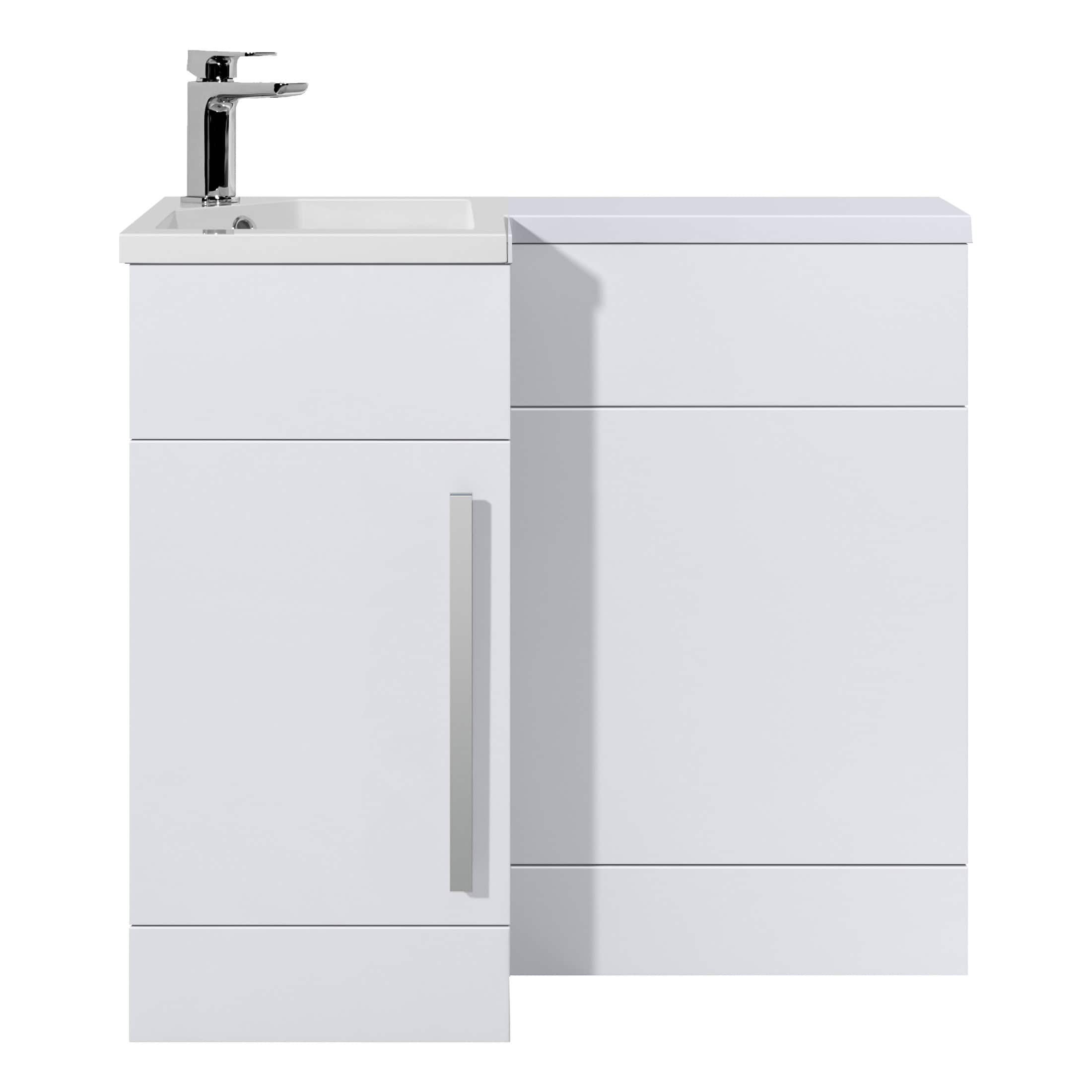 Modern white bathroom vanity unit with integrated sink and storage drawers, ideal for contemporary bathroom design and space-saving solutions.