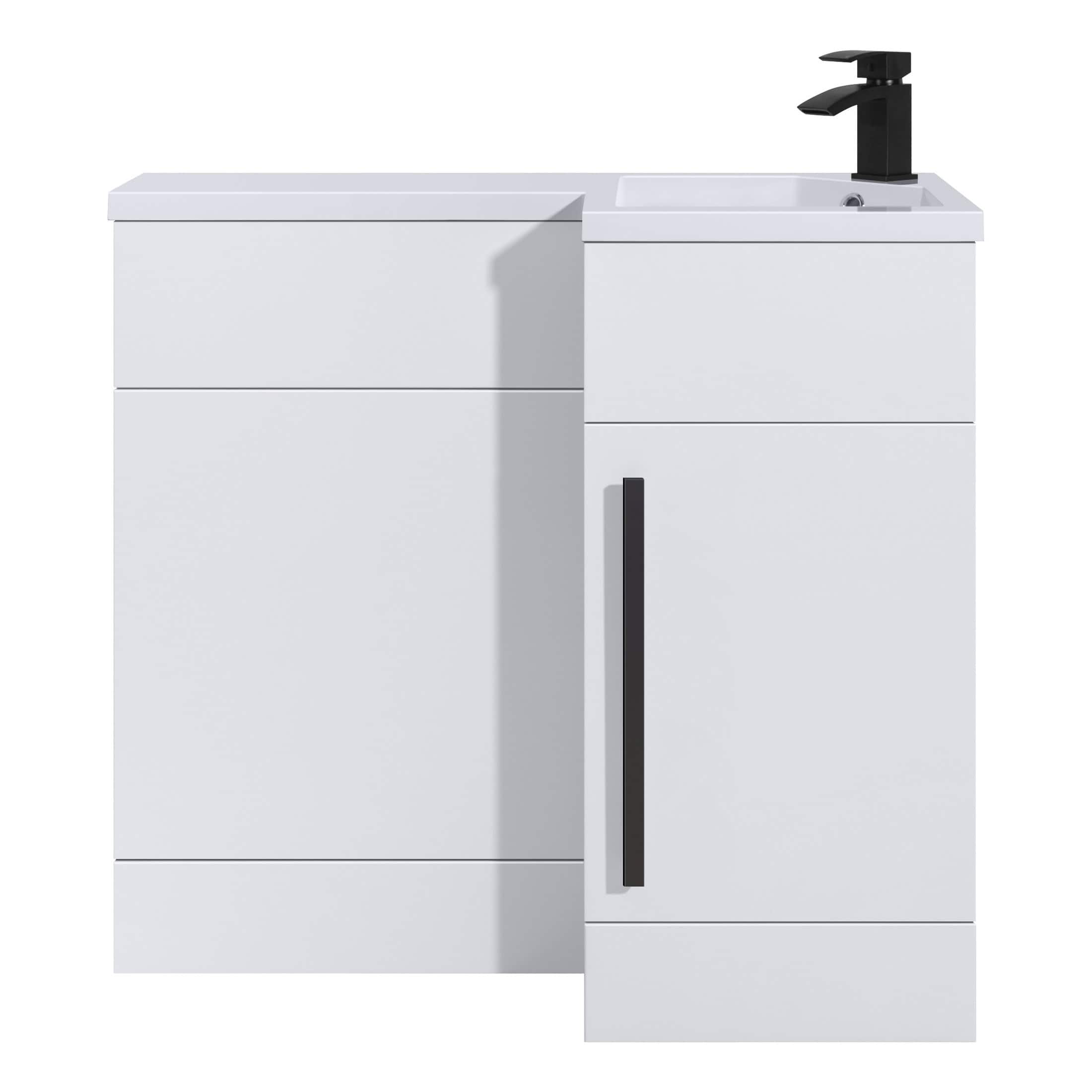 Contemporary white bathroom vanity unit with integrated basin and black tap, modern storage solutions for stylish bathroom design.