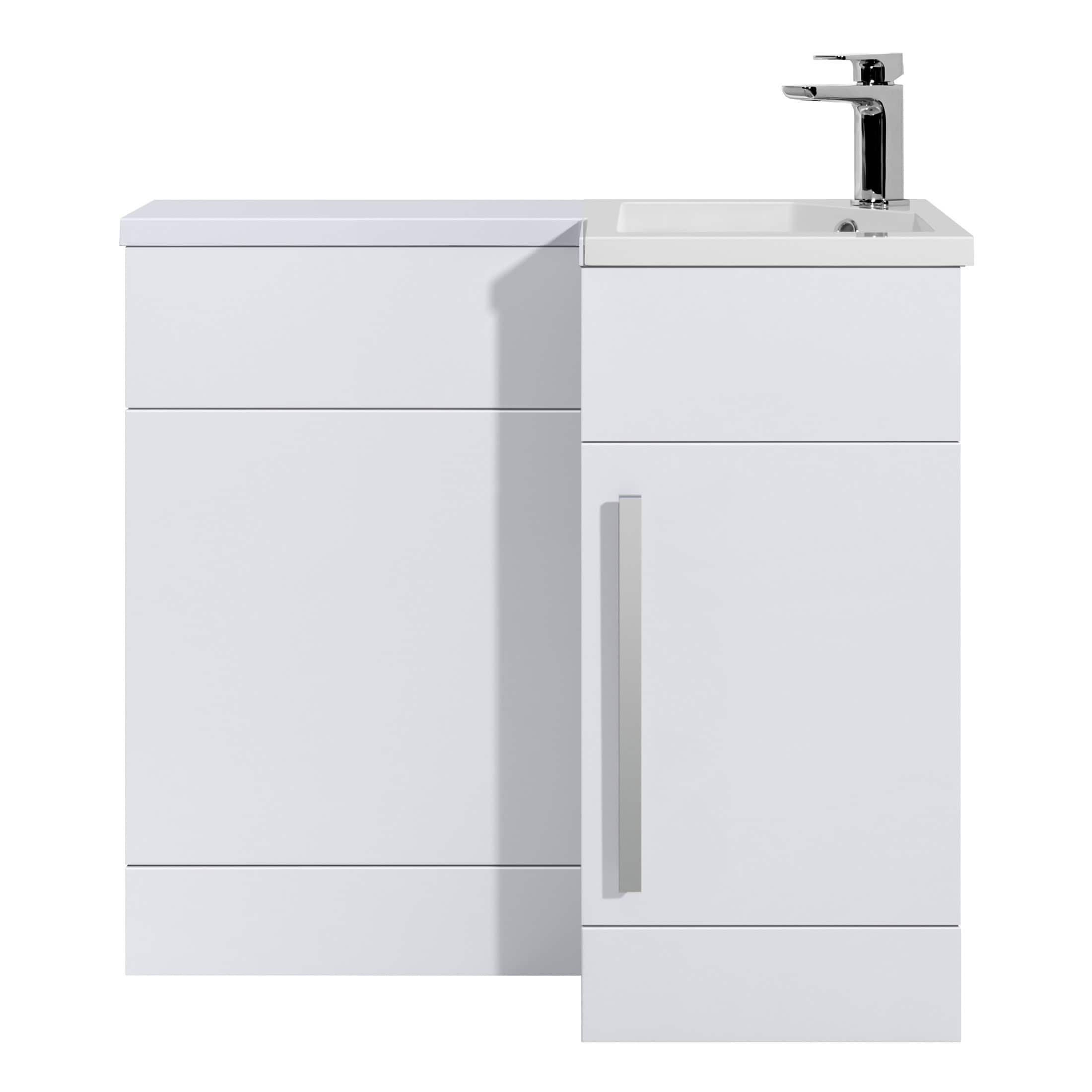 Contemporary white bathroom vanity unit with integrated sink and chrome tap, modern bathroom storage solution for stylish interiors.