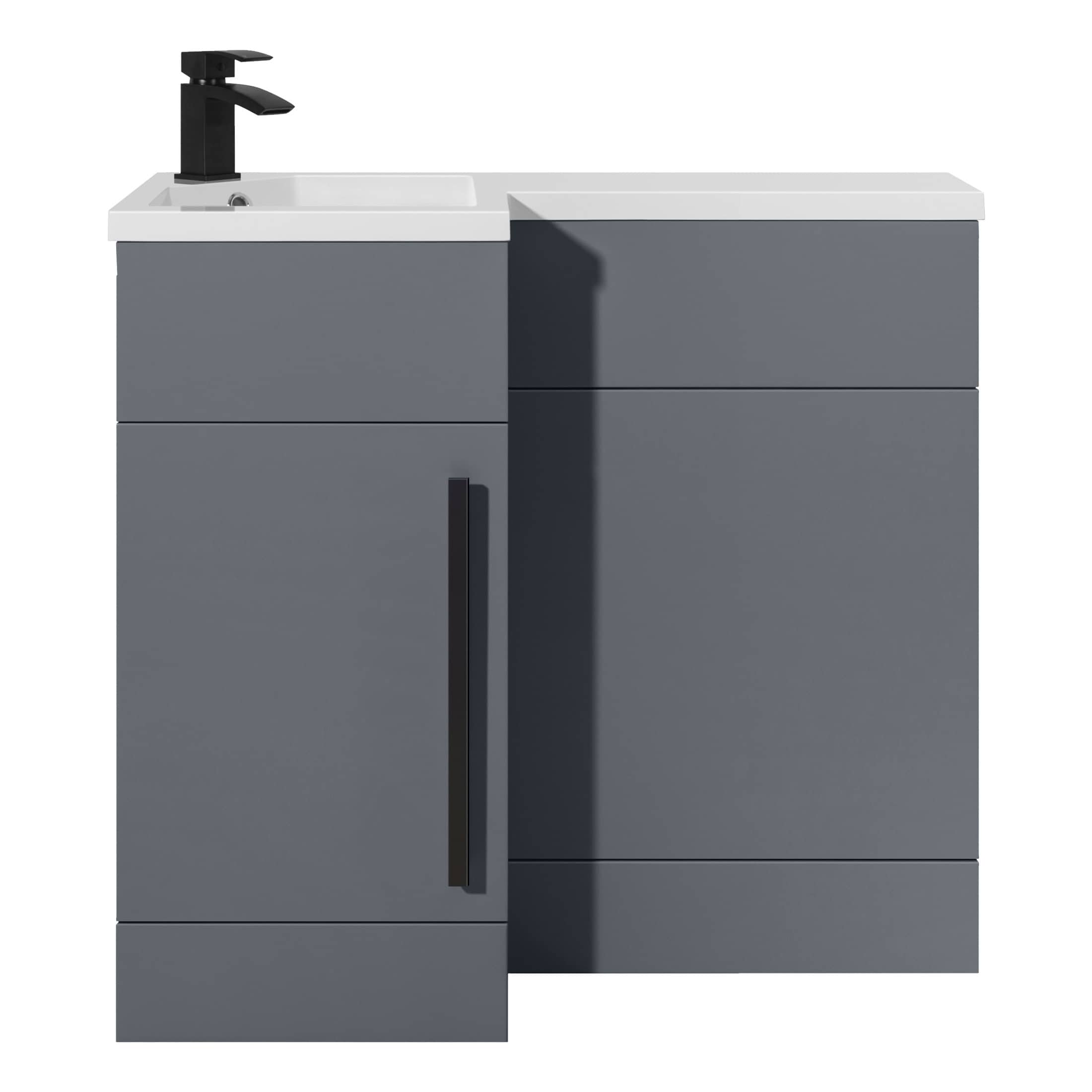 Sleek grey bathroom vanity unit with integrated sink and modern black tap, ideal for stylish bathroom storage and washbasins. Perfect for contemporary bathroom renovation projects.