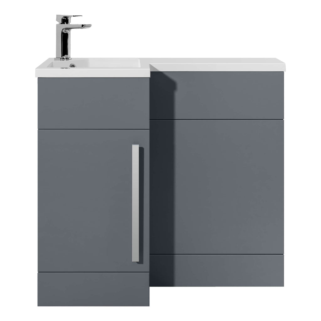 Modern grey bathroom vanity with integrated sink and chrome faucet, ideal for contemporary bathroom renovations. Durable storage cabinetry for bathroom essentials, blending style and functionality.
