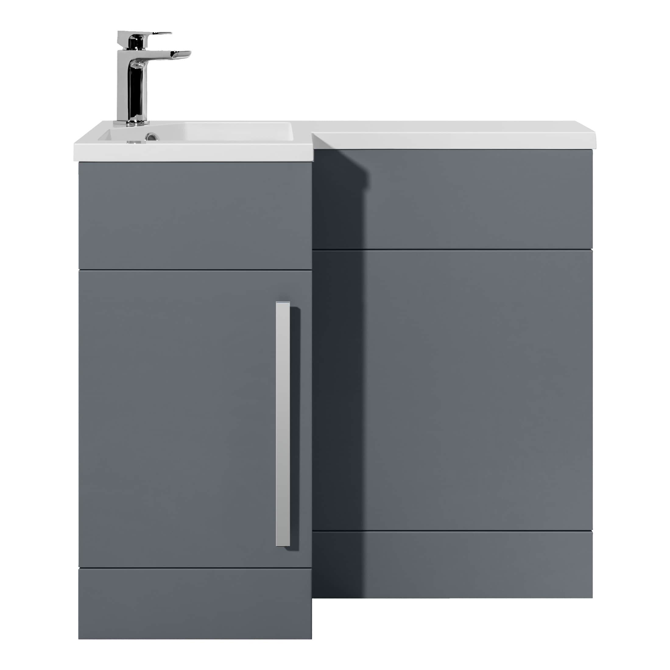 Modern grey bathroom vanity with integrated sink and chrome faucet, ideal for contemporary bathroom renovations. Durable storage cabinetry for bathroom essentials, blending style and functionality.