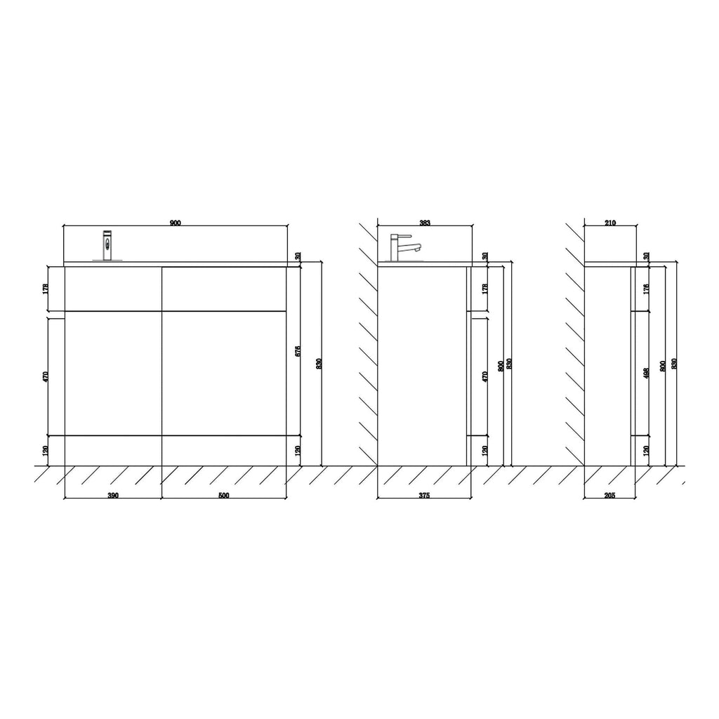 Elegant bathroom vanity unit with integrated sink and modern fixtures, ideal for contemporary bathroom designs, showcasing precise measurements and sleek appearance.