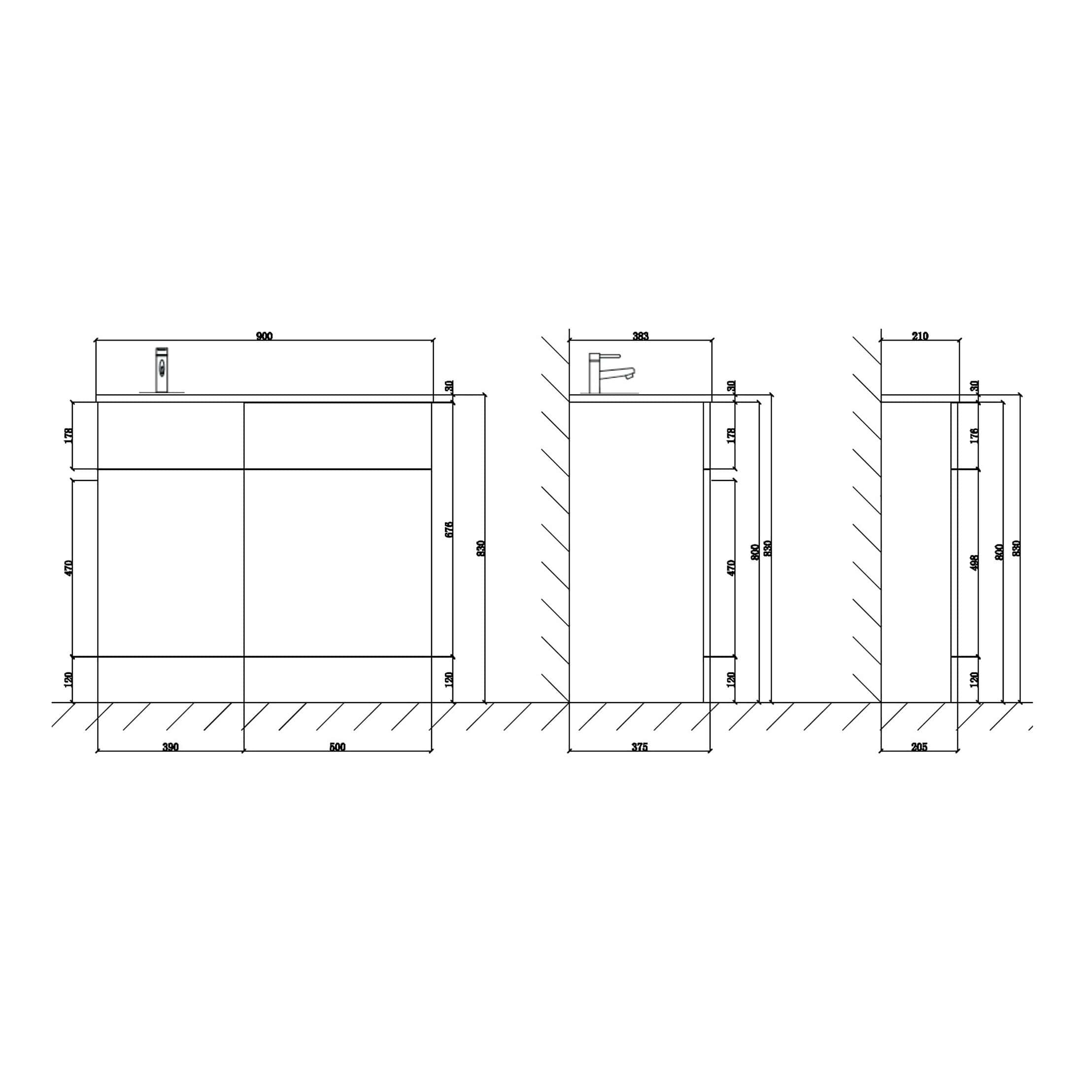 Elegant bathroom vanity unit with integrated sink and modern fixtures, ideal for contemporary bathroom designs, showcasing precise measurements and sleek appearance.