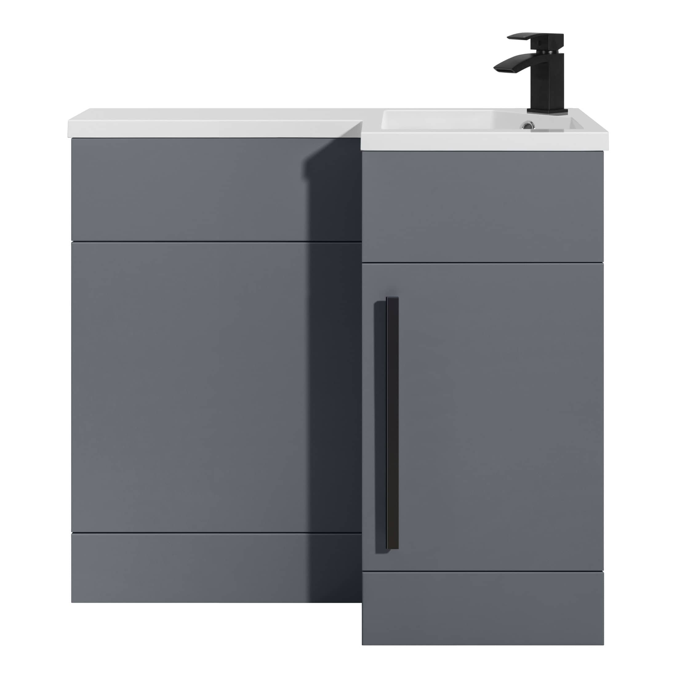 Modern grey bathroom vanity with integrated sink and sleek black tap, ideal for contemporary bathroom renovations and space-efficient storage.