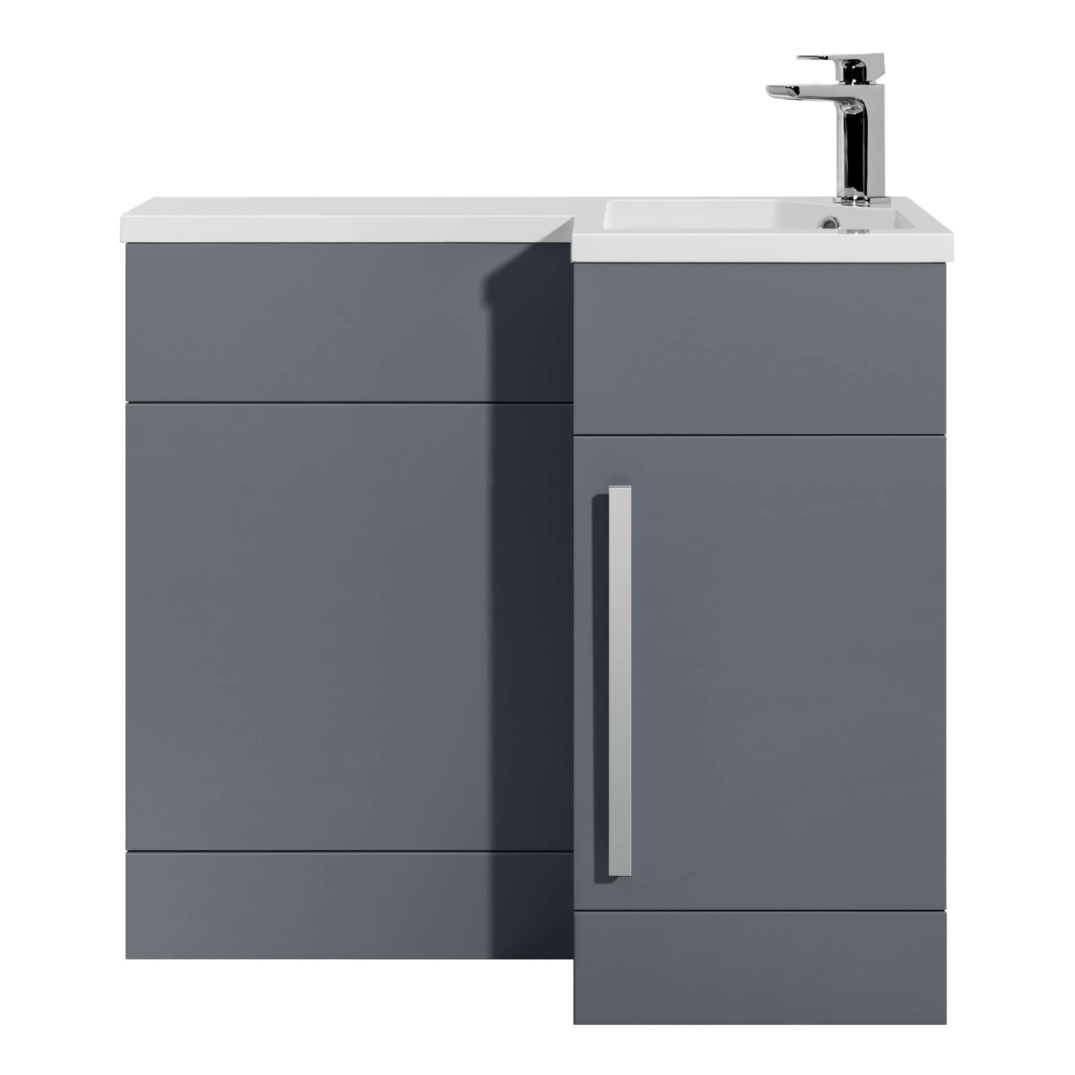 Smooth grey bathroom vanity with integrated washing basin and chrome faucet, modern bathroom furniture, stylish storage solution for bathrooms, sleek design from Bubly Bathrooms.