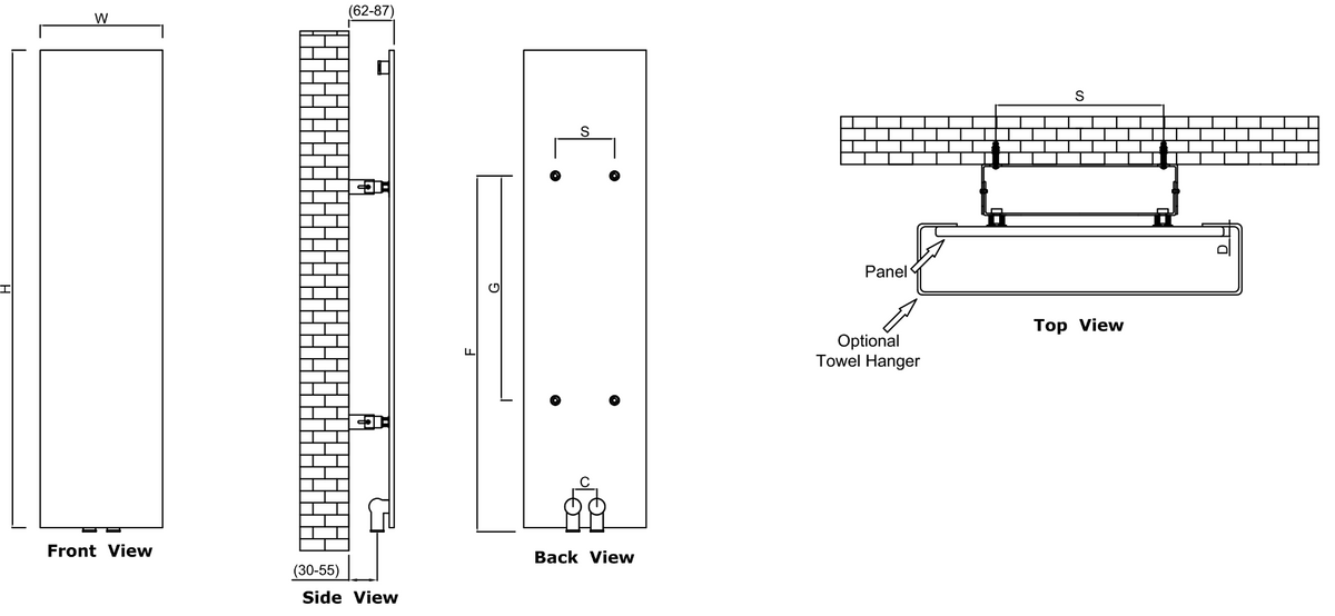 Reina Slimline Vertical Anthracite Designer Radiator - technical drawing with dimensions