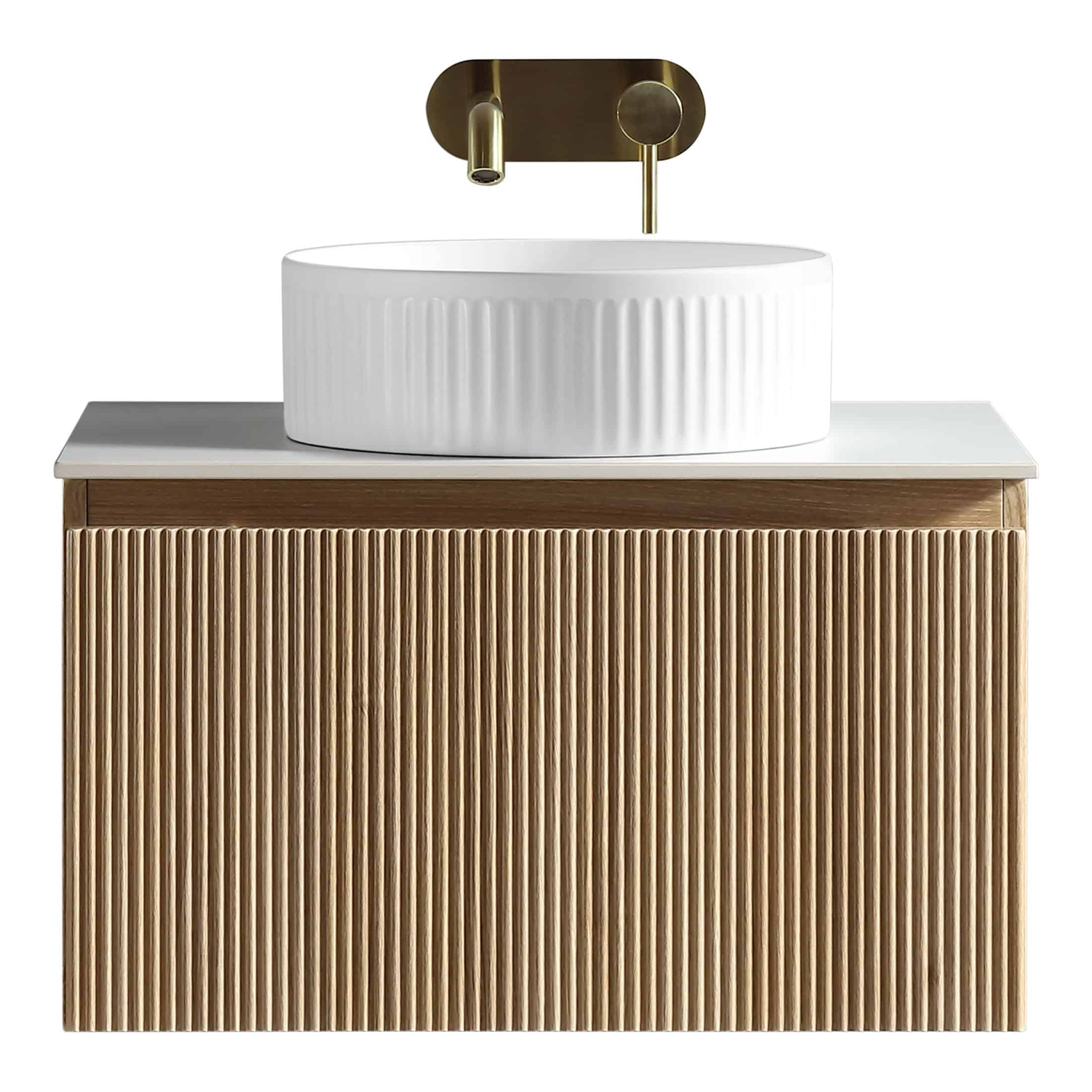 Modern wooden bathroom vanity with a white ceramic vessel sink and gold fixtures; stylish and functional design for contemporary bathrooms.
