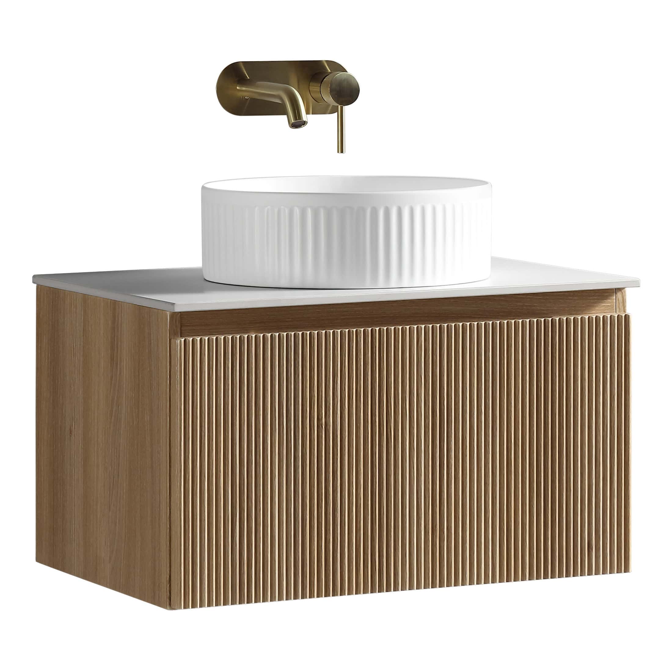 Sleek wooden bathroom vanity with ribbed details, a stylish vessel sink, and a modern wall-mounted brass faucet, perfect for contemporary bathroom design.