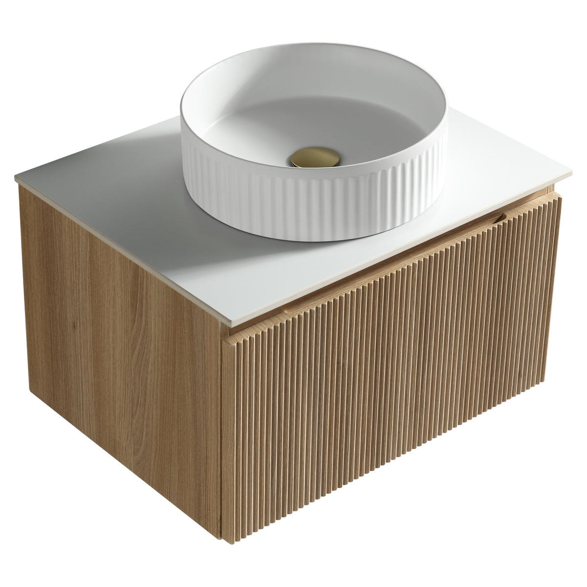 Tailored Flauto 1 Drawer Wall Hung Vanity With Sintered Stone Countertop - 610mm Wide - Country Oak
