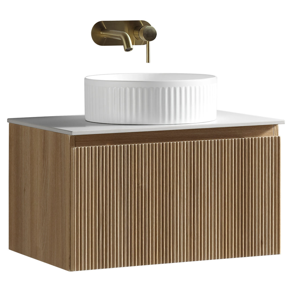 Tailored Flauto 1 Drawer Wall Hung Vanity With Sintered Stone Countertop - 610mm Wide, Country Oak - view 2