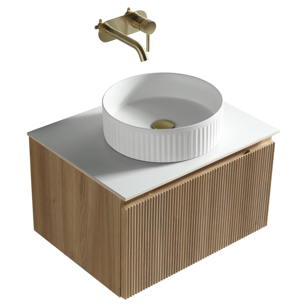 Tailored Flauto 1 Drawer Wall Hung Vanity With Sintered Stone Countertop - 610mm Wide - Country Oak - view 3