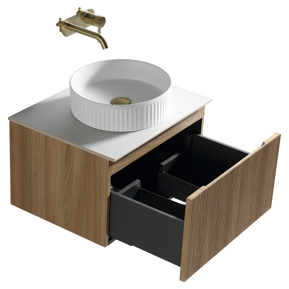 Tailored Flauto 1 Drawer Wall Hung Vanity With Sintered Stone Countertop - 610mm Wide, Country Oak - view 8