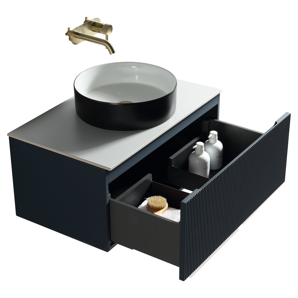 Tailored Flauto 1 Drawer Wall Hung Vanity With Sintered Stone Countertop - 610mm Wide - Midnight Shadow - view 3