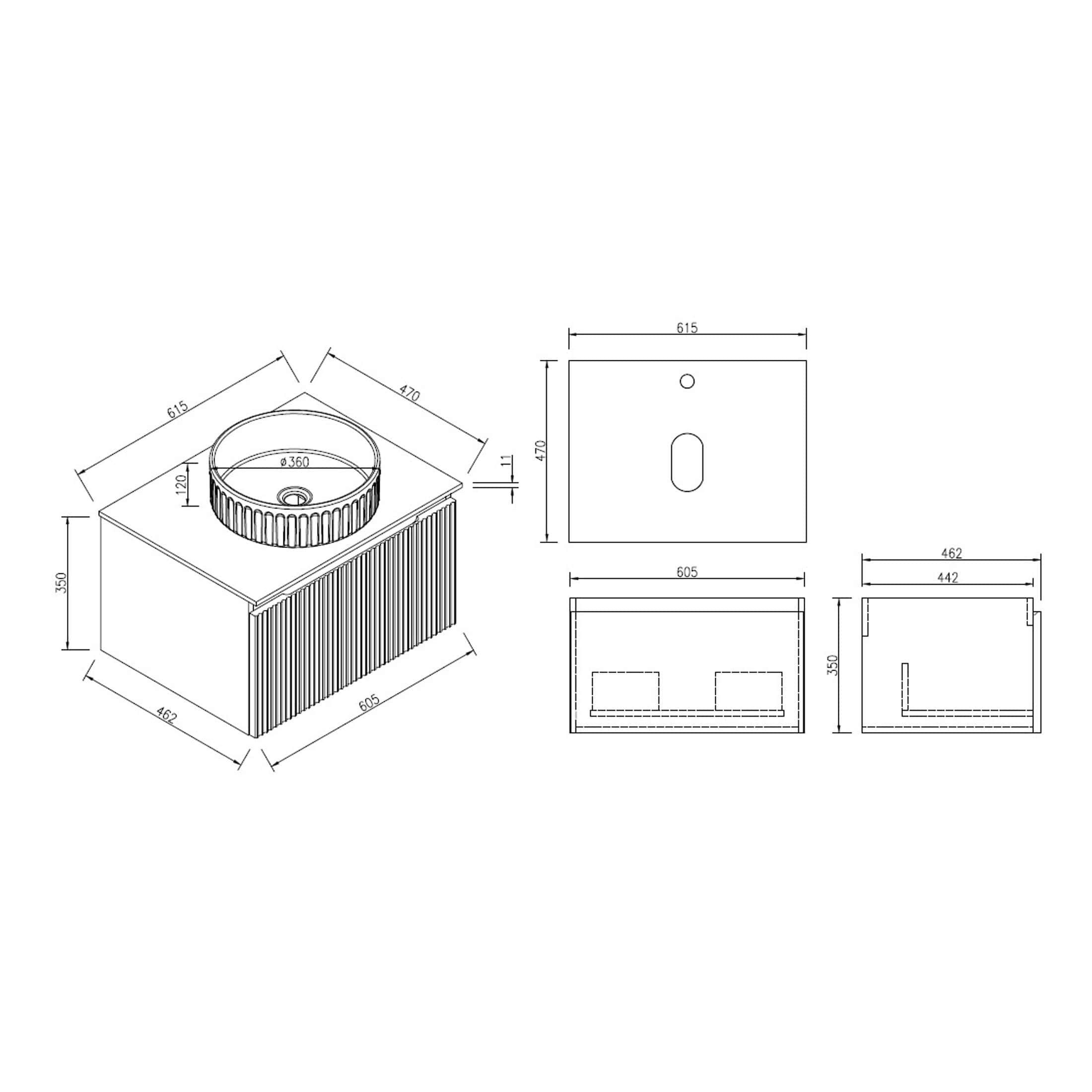 Minimalist bathroom vanity with integrated round sink, detailed technical drawing showcasing dimensions and design features for modern bathroom renovation.