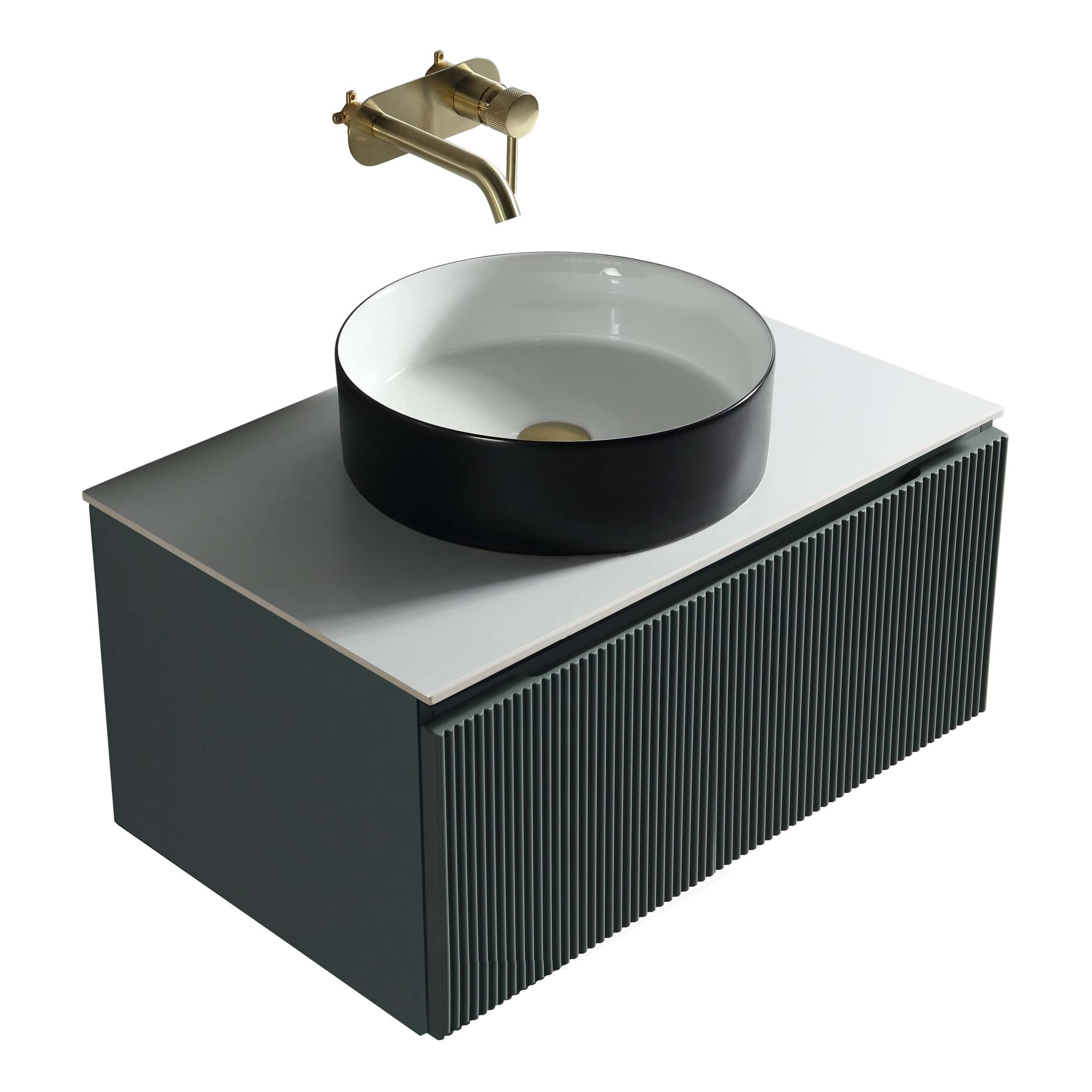 Sleek modern bathroom vanity with a black vessel sink, white countertop, and brass wall-mounted faucet, perfect for contemporary bathroom bathroom design.