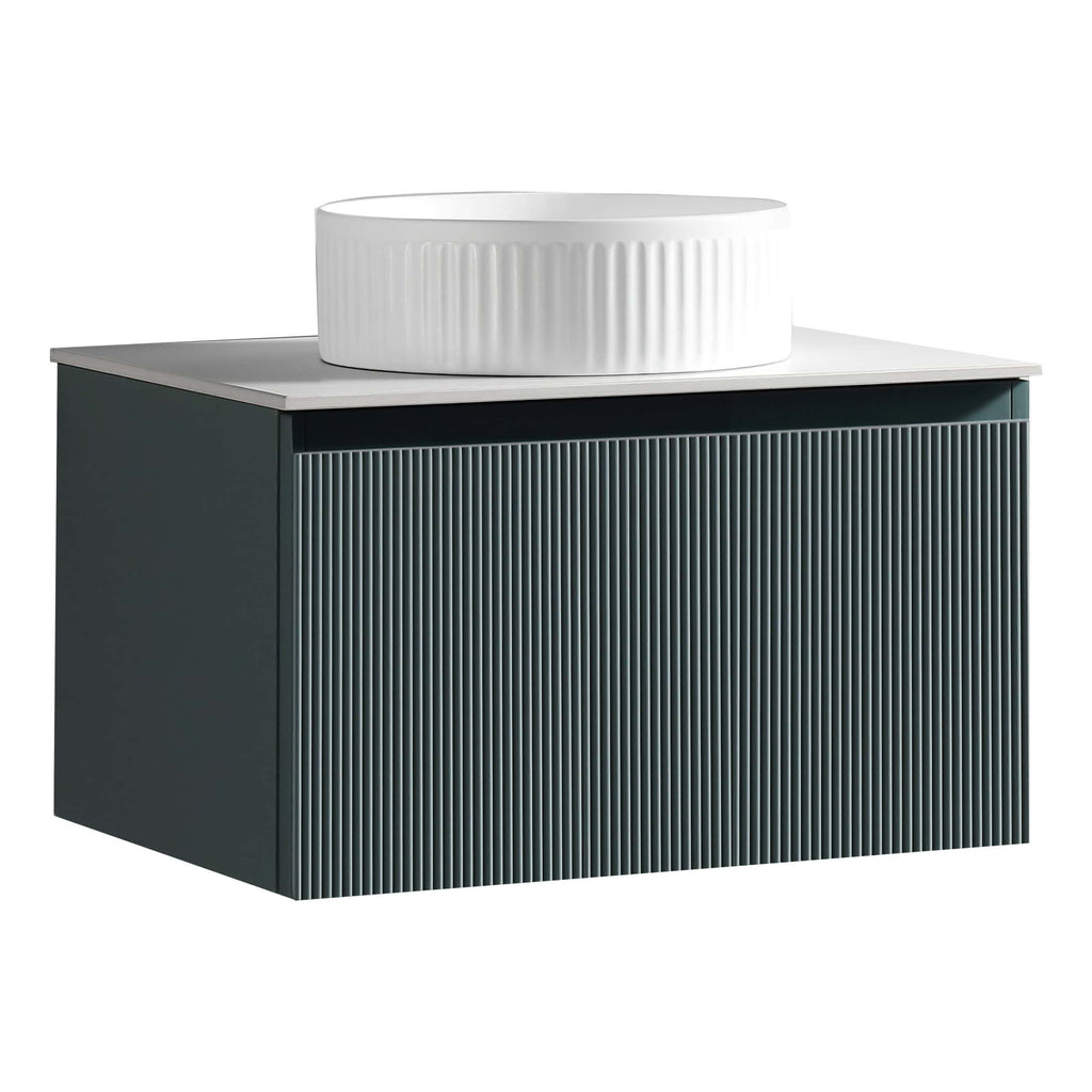 Sleek modern bathroom vanity with vertical ribbed navy blue cabinet and white countertop featuring a stylish round white vessel sink, perfect for contemporary bathroom designs.