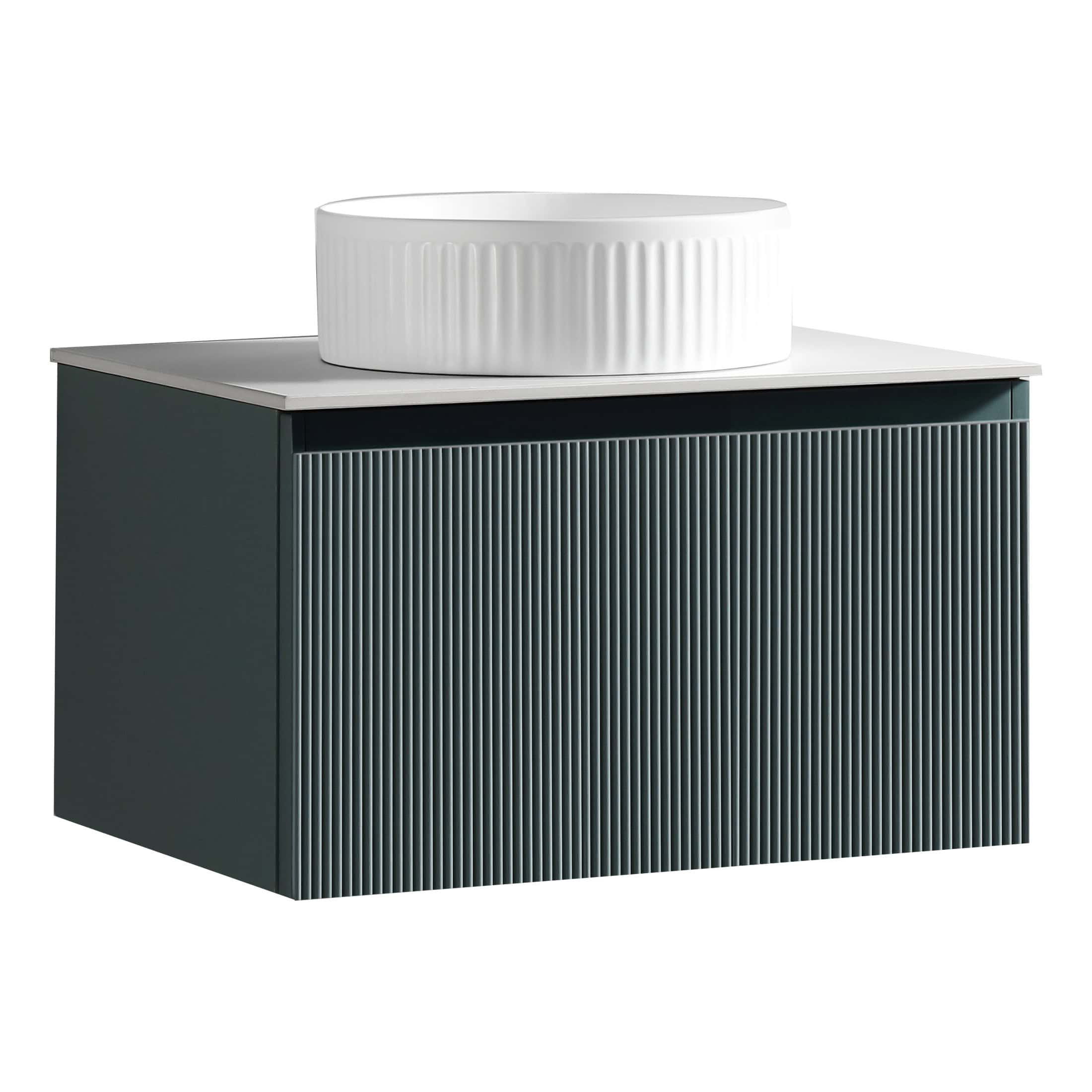 Sleek modern bathroom vanity with vertical ribbed navy blue cabinet and white countertop featuring a stylish round white vessel sink, perfect for contemporary bathroom designs.