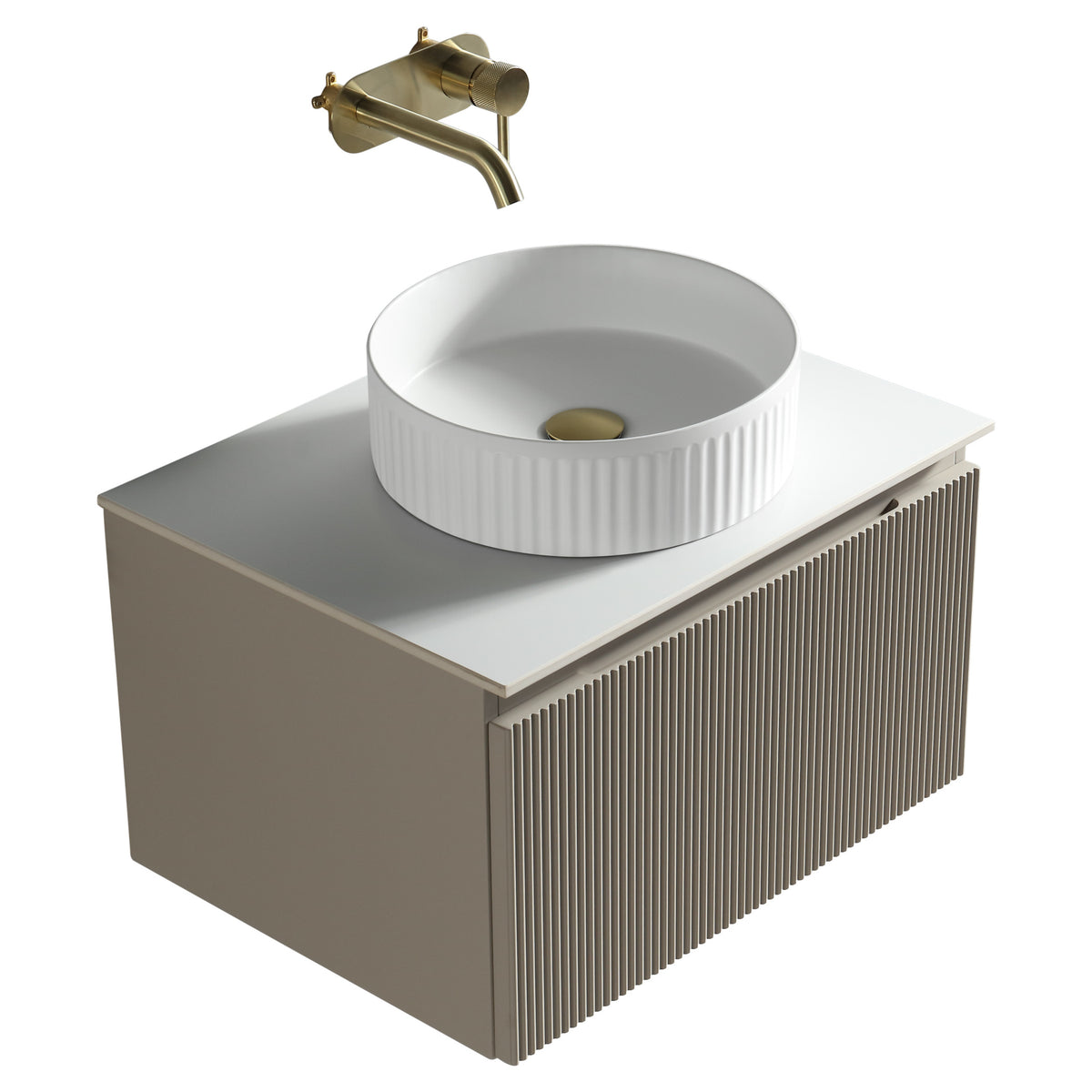 Tailored Flauto 1 Drawer Wall Hung Vanity With Sintered Stone Countertop - 610mm Wide, Soft Coffee - view 7