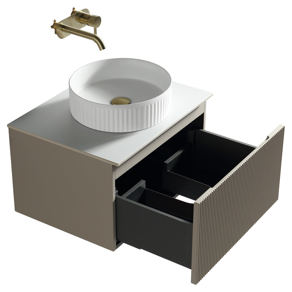 Tailored Flauto 1 Drawer Wall Hung Vanity With Sintered Stone Countertop - 610mm Wide - Soft Coffee - view 5