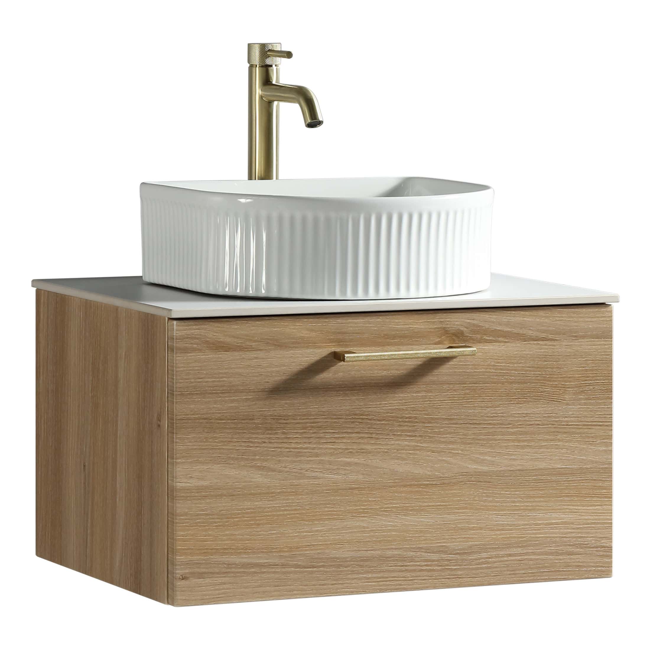 Elegant modern bathroom vanity with a white ceramic basin and sleek brass faucet, set on a wooden cabinet with a minimalist handle, perfect for contemporary bathroom decor.