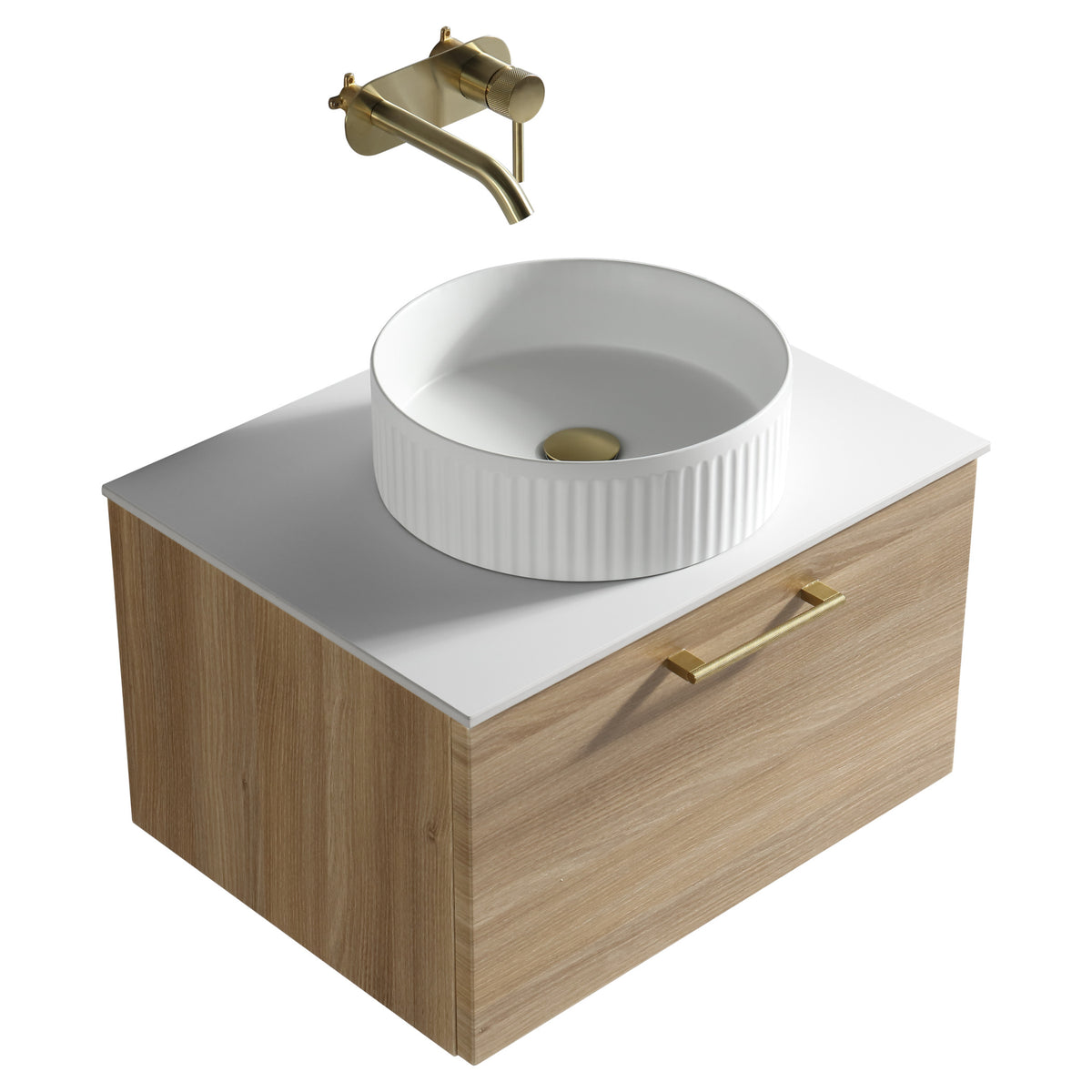 Tailored Piatta 1 Drawer Wall Hung Vanity Unit With Sintered Stone Countertop - 615mm Wide - Country Oak - view 6