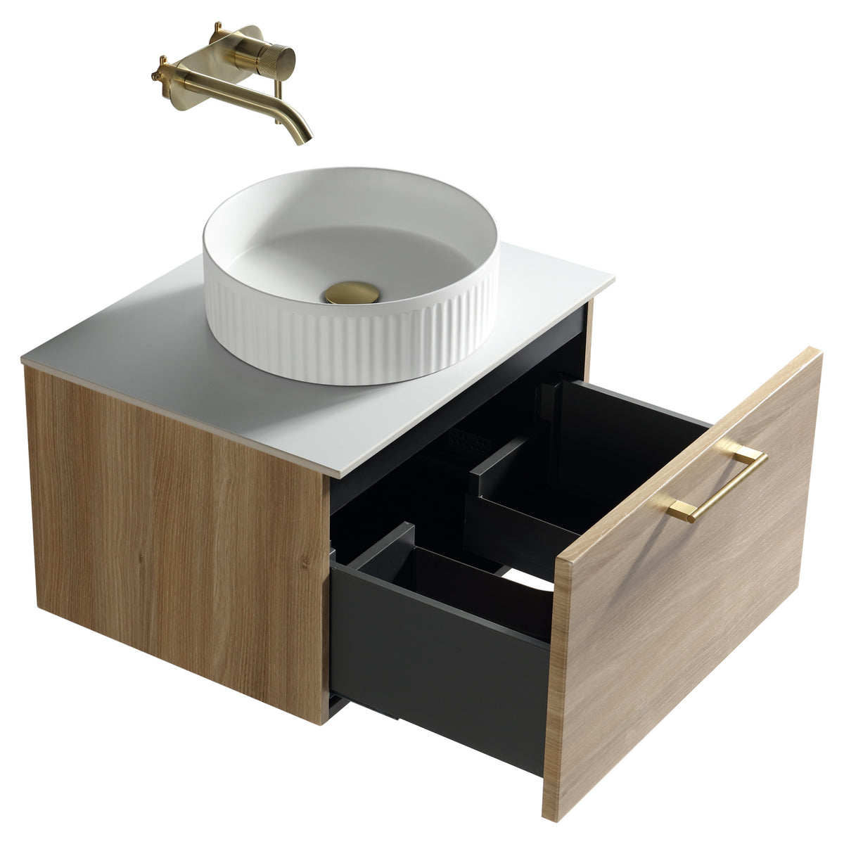 Tailored Piatta 1 Drawer Wall Hung Vanity Unit With Sintered Stone Countertop - 615mm Wide - Country Oak - view 8