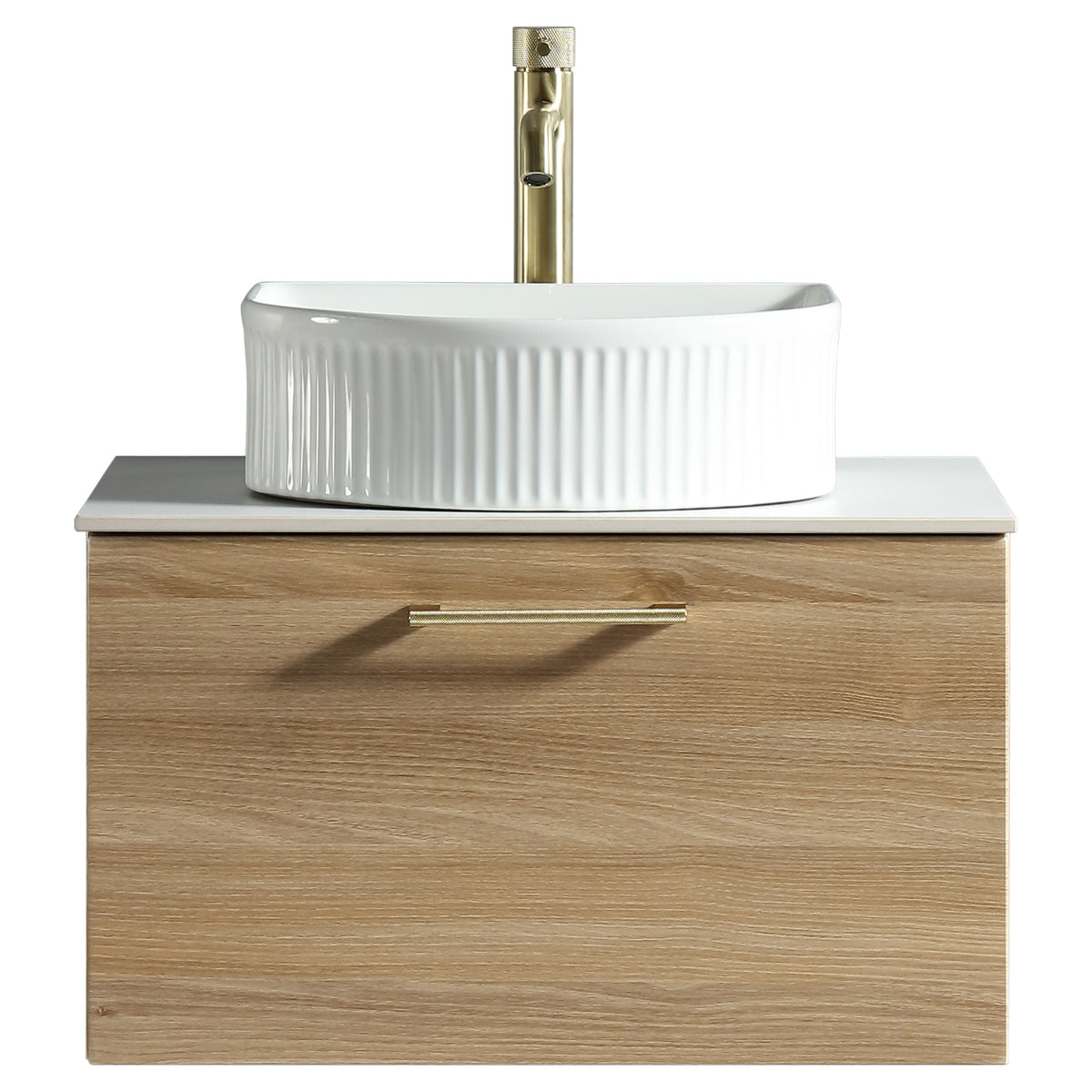 Tailored Piatta 1 Drawer Wall Hung Vanity Unit With Sintered Stone Countertop - 615mm Wide, Country Oak - view 4