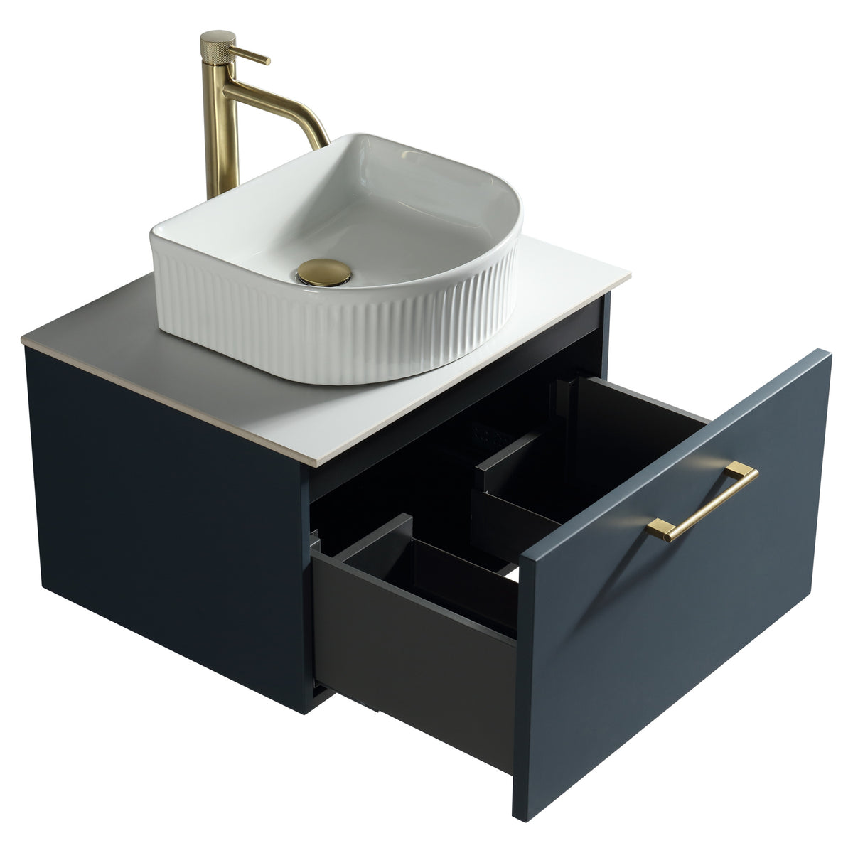 Tailored Piatta 1 Drawer Wall Hung Vanity Unit With Sintered Stone Countertop - 615mm Wide - Midnight Shadow - view 5
