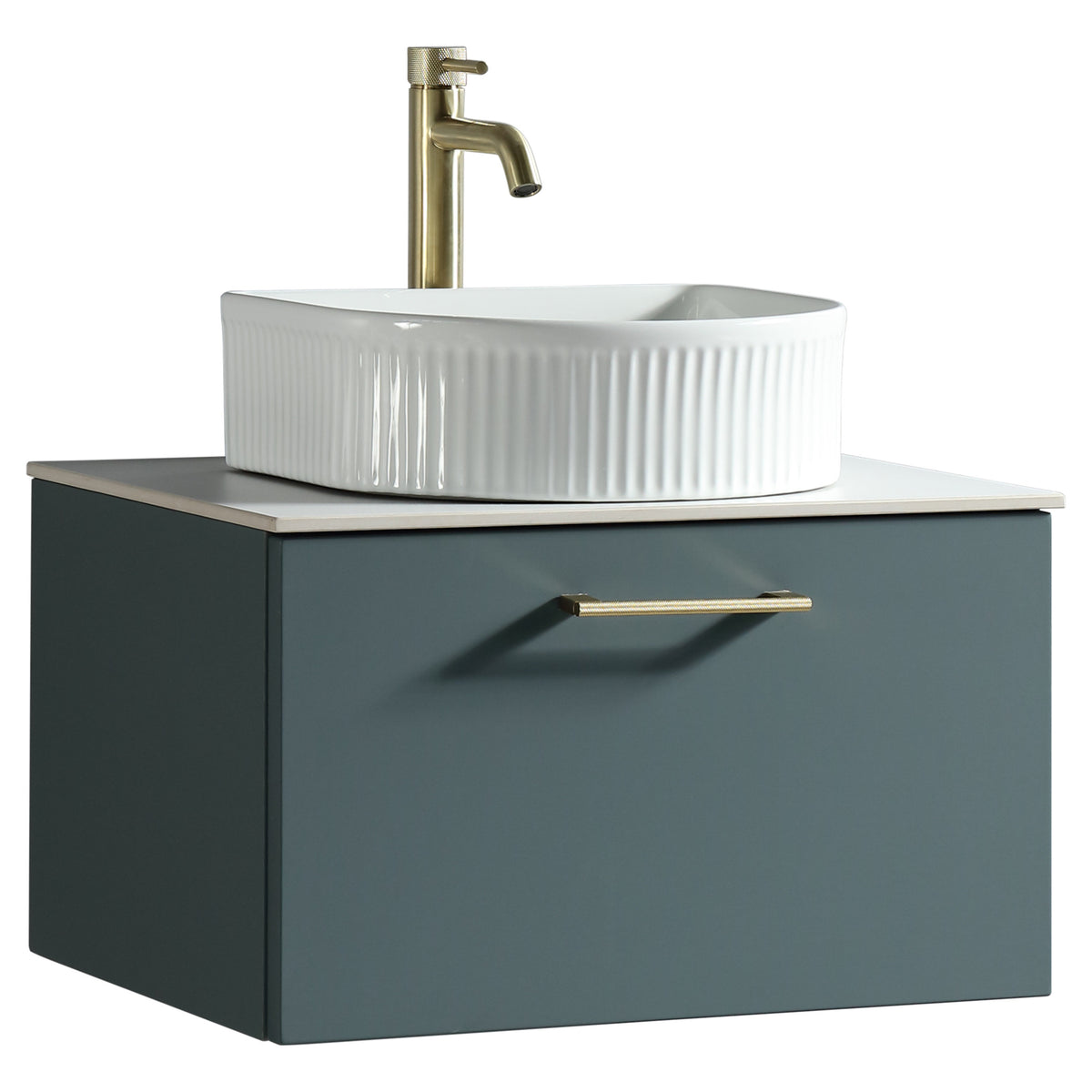 Tailored Piatta 1 Drawer Wall Hung Vanity Unit With Sintered Stone Countertop - 615mm Wide - Smoked Sage - view 2