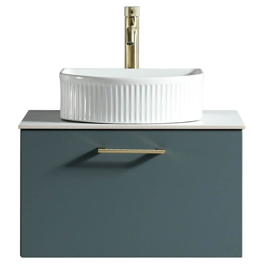 Tailored Piatta 1 Drawer Wall Hung Vanity Unit With Sintered Stone Countertop - 615mm Wide - Smoked Sage - view 5