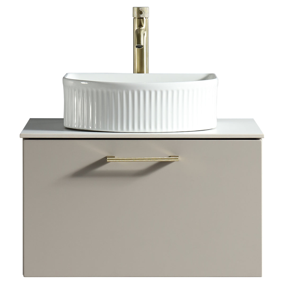 Tailored Piatta 1 Drawer Wall Hung Vanity Unit With Sintered Stone Countertop - 615mm Wide - Soft Coffee - view 1