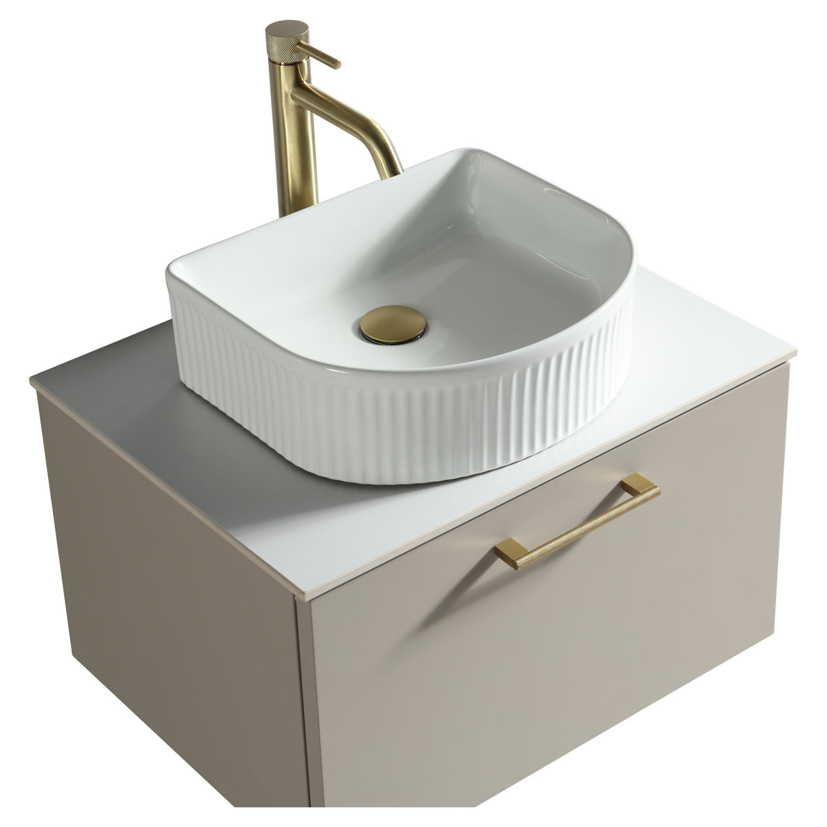 Tailored Piatta 1 Drawer Wall Hung Vanity Unit With Sintered Stone Countertop - 615mm Wide - Soft Coffee - view 3