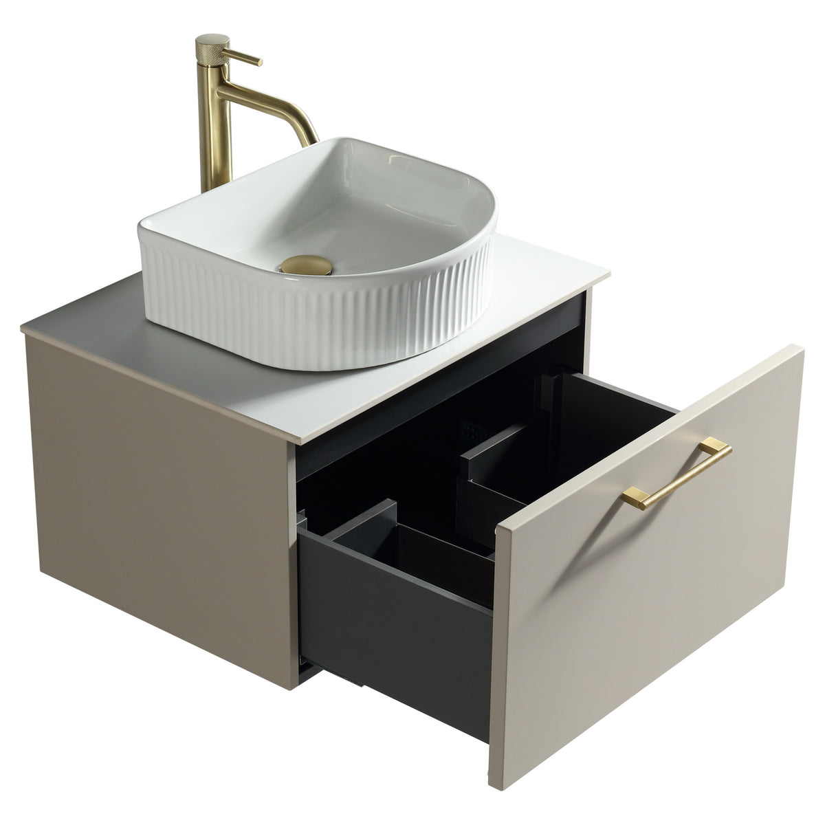 Tailored Piatta 1 Drawer Wall Hung Vanity Unit With Sintered Stone Countertop - 615mm Wide - Soft Coffee - view 5