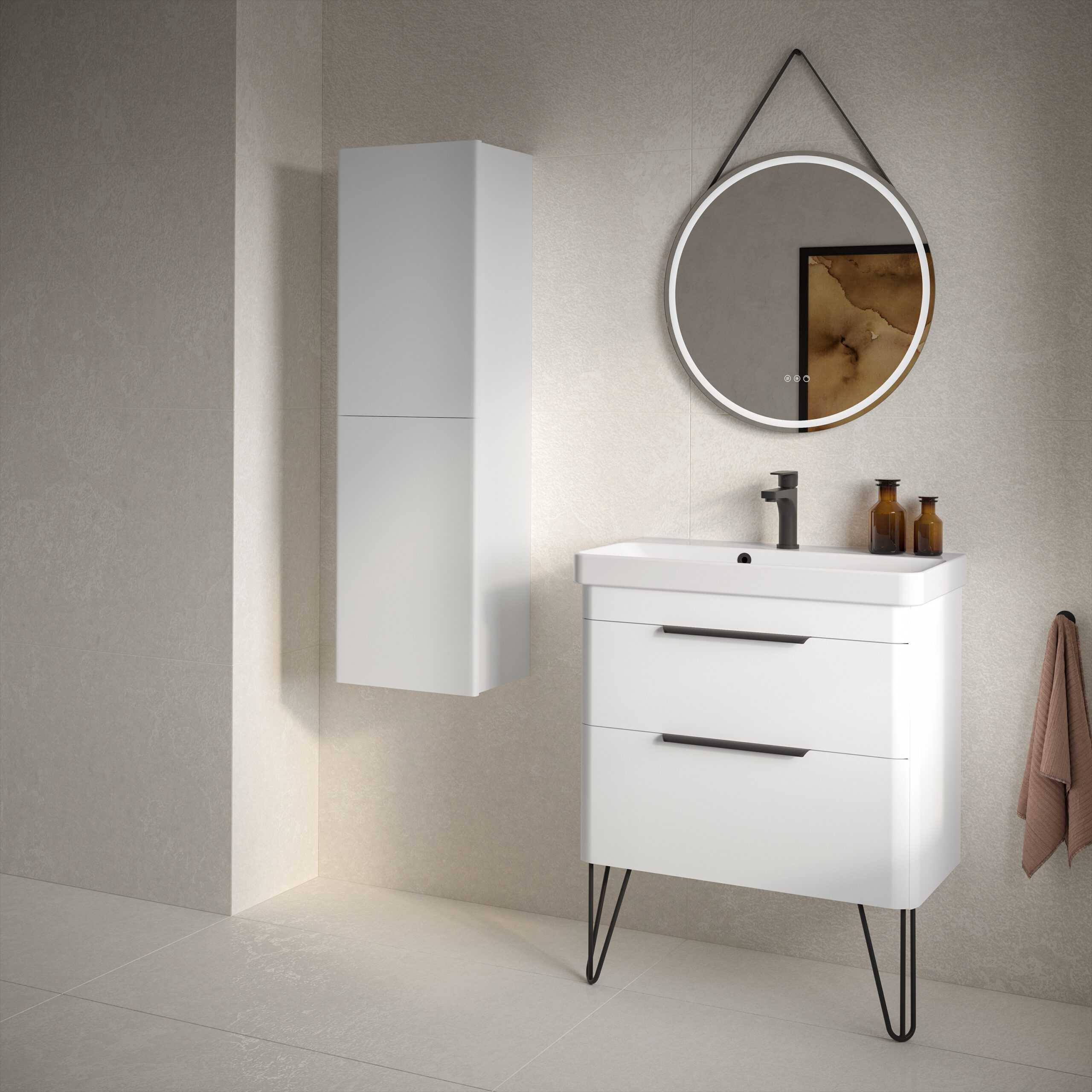 Elegant modern bathroom vanity with sleek black handles and a slim black faucet in a neutral-toned bathroom setting.