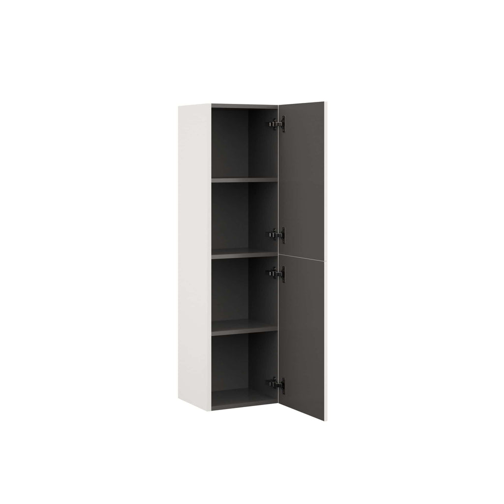 Slim storage cabinet with white exterior and grey interior, ideal for bathroom organisation, featuring adjustable shelves and sleek hinges. Perfect for modern bathroom storage solutions.
