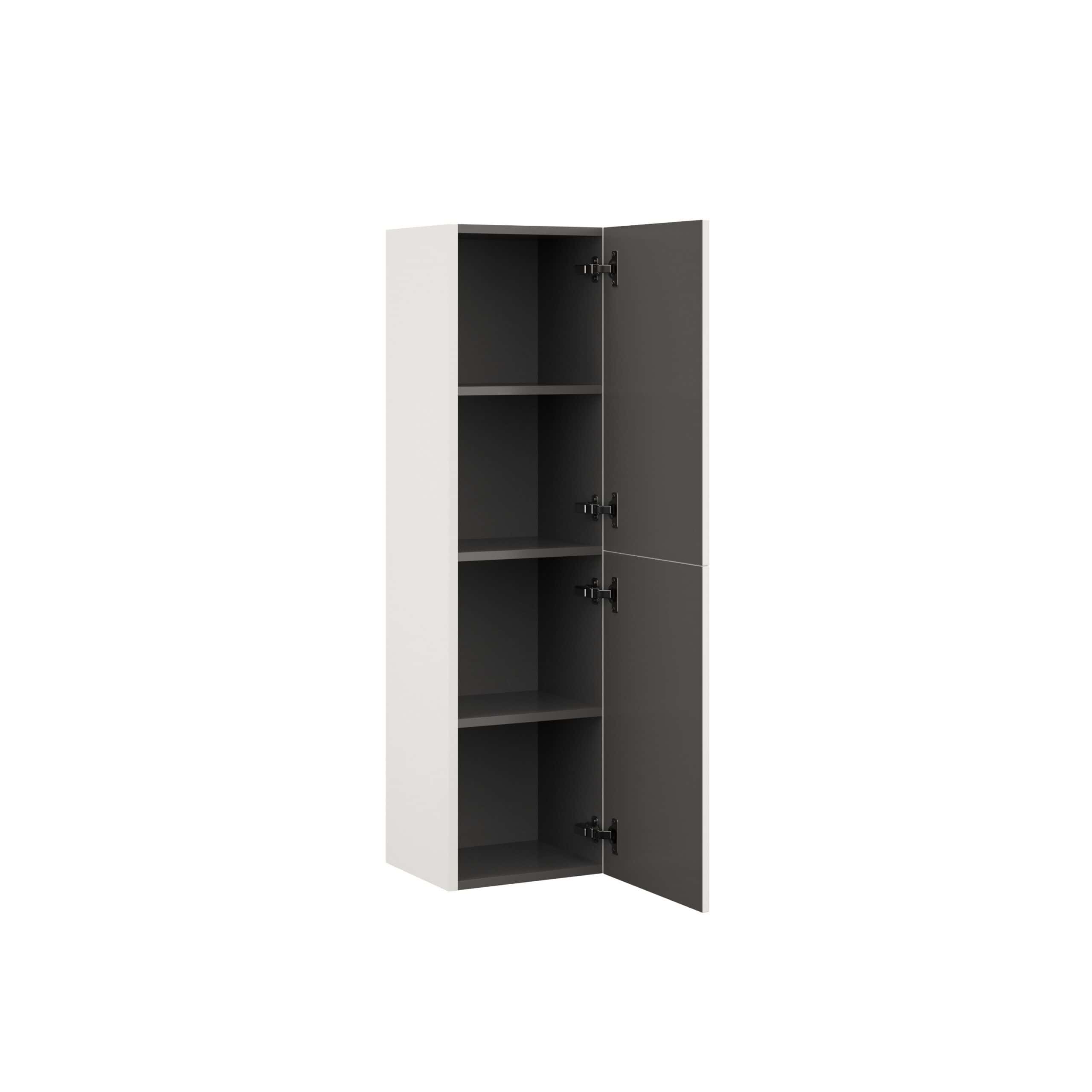 Slim storage cabinet with white exterior and grey interior, ideal for bathroom organisation, featuring adjustable shelves and sleek hinges. Perfect for modern bathroom storage solutions.
