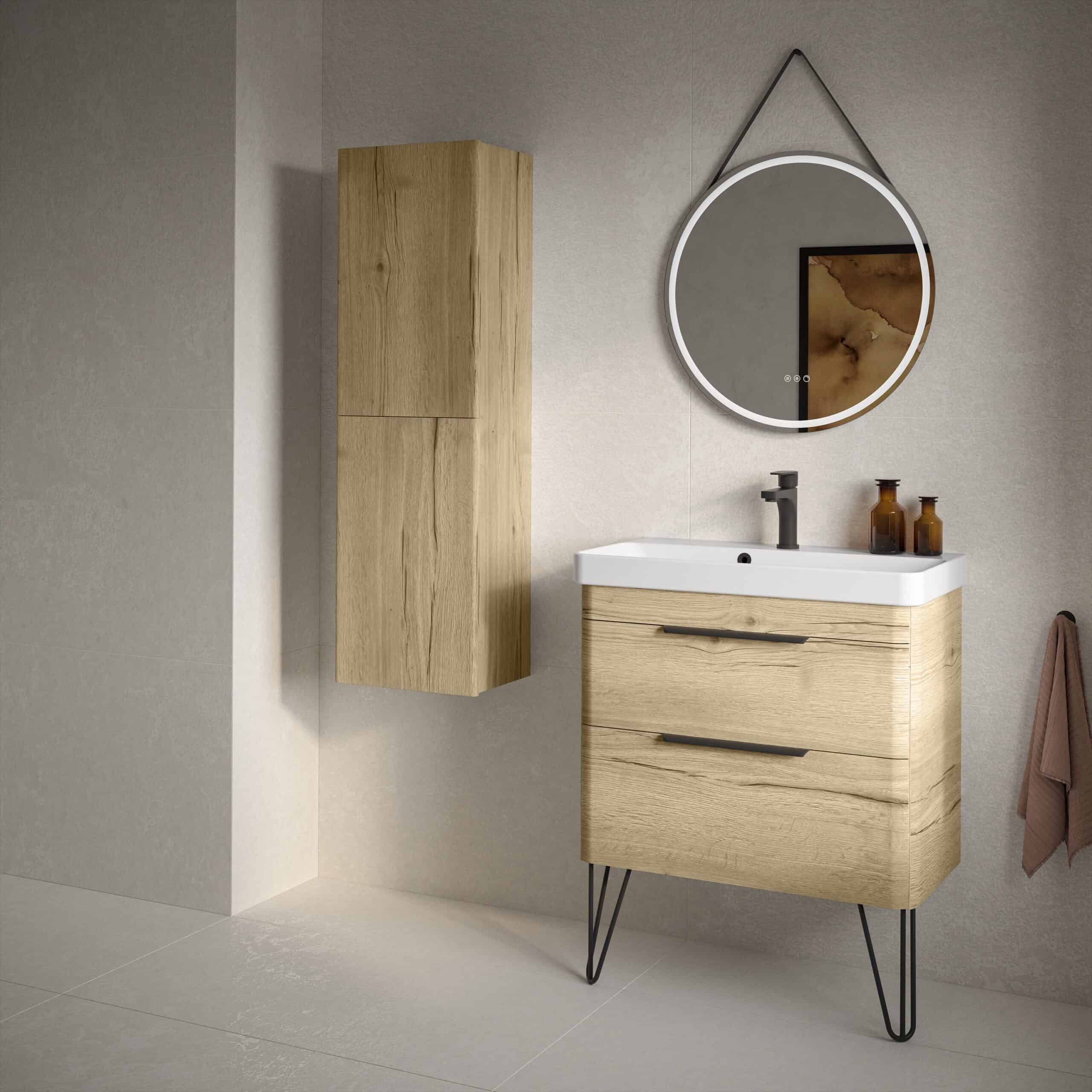 Stylish wooden bathroom vanity with a white ceramic sink, black tap, matching wooden wall cabinet, and circular mirror with LED lighting for a modern bathroom design.