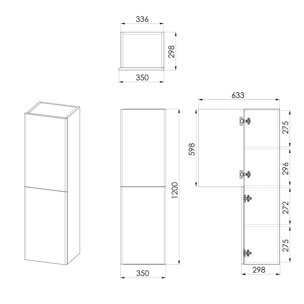 Aluminium bathroom cabinet with dimensioned technical drawings, front, side, and isometric views, suitable for modern bathroom storage solutions.