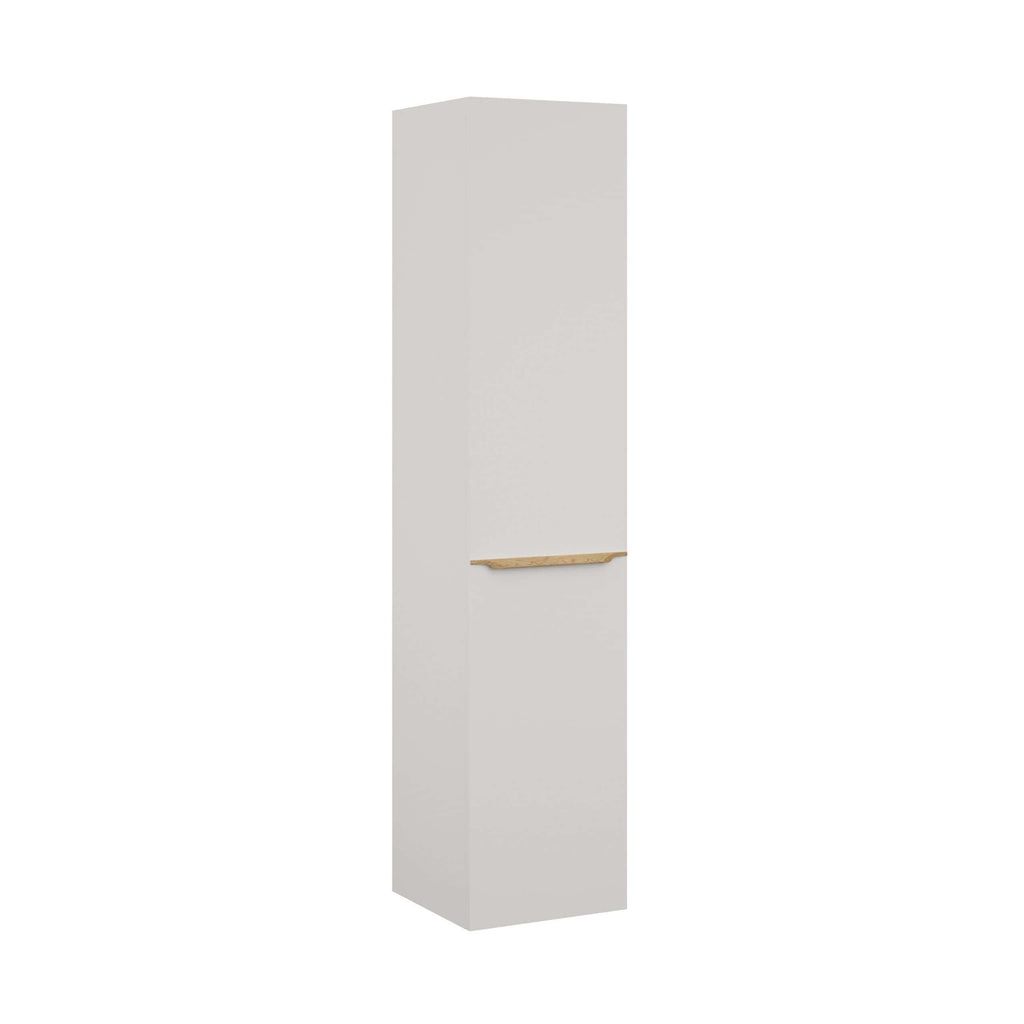 Modern white bathroom storage cabinet with natural wood handle, sleek design, ideal for contemporary bathroom organisation and space-saving solutions.