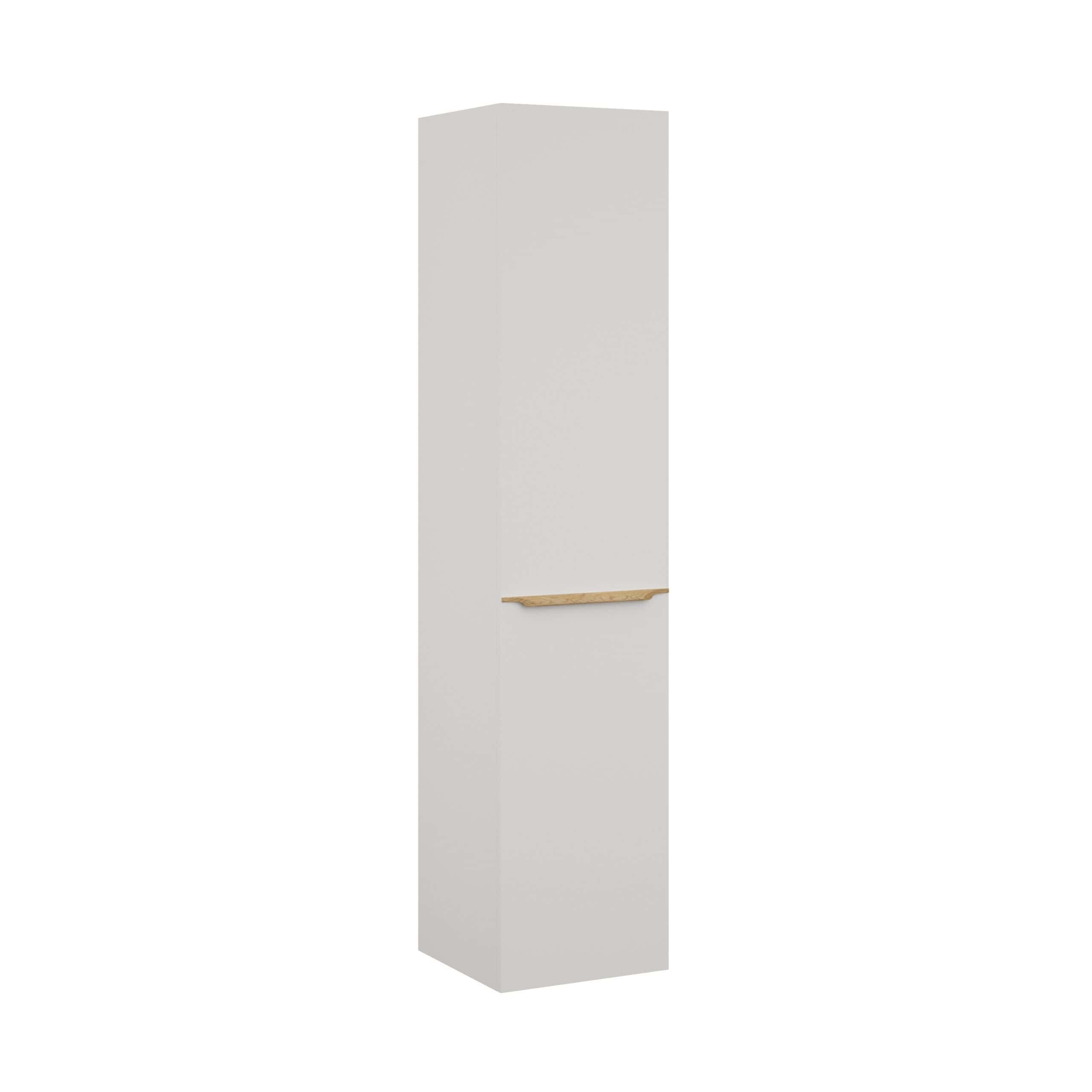 Modern white bathroom storage cabinet with natural wood handle, sleek design, ideal for contemporary bathroom organisation and space-saving solutions.