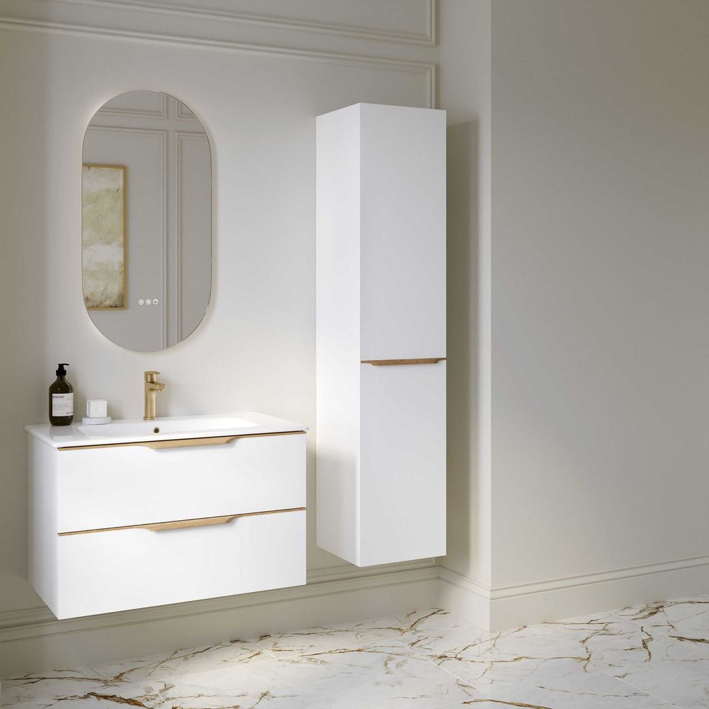 Contemporary white bathroom vanity with wooden accents, wall-mounted mirror, and tall storage cabinet showcasing modern bathroom design. Perfect for stylish and functional bathroom renovation.